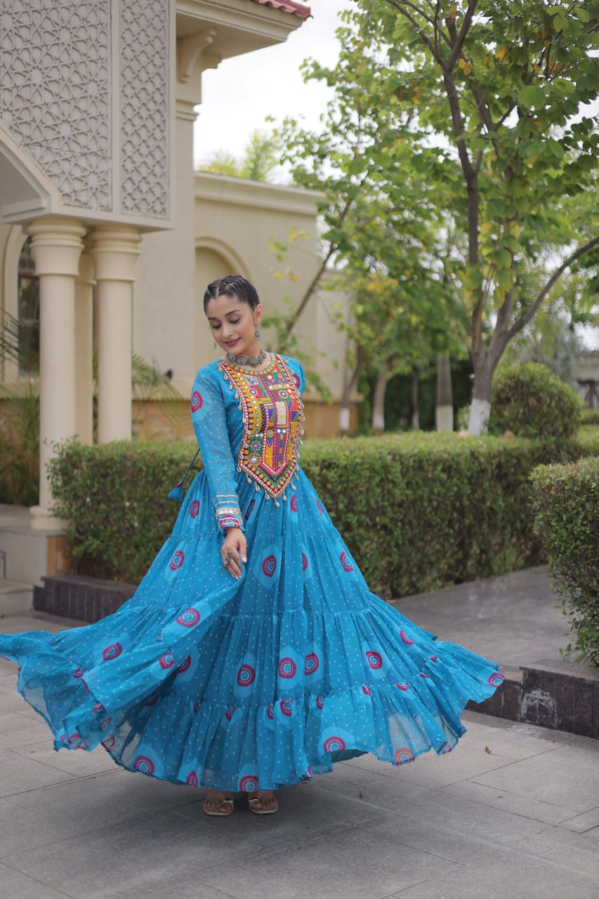 Sky Blue Bandhani Faux Georgette Navratri Gown with Kutchi Patchwork | 12 Meter Flair