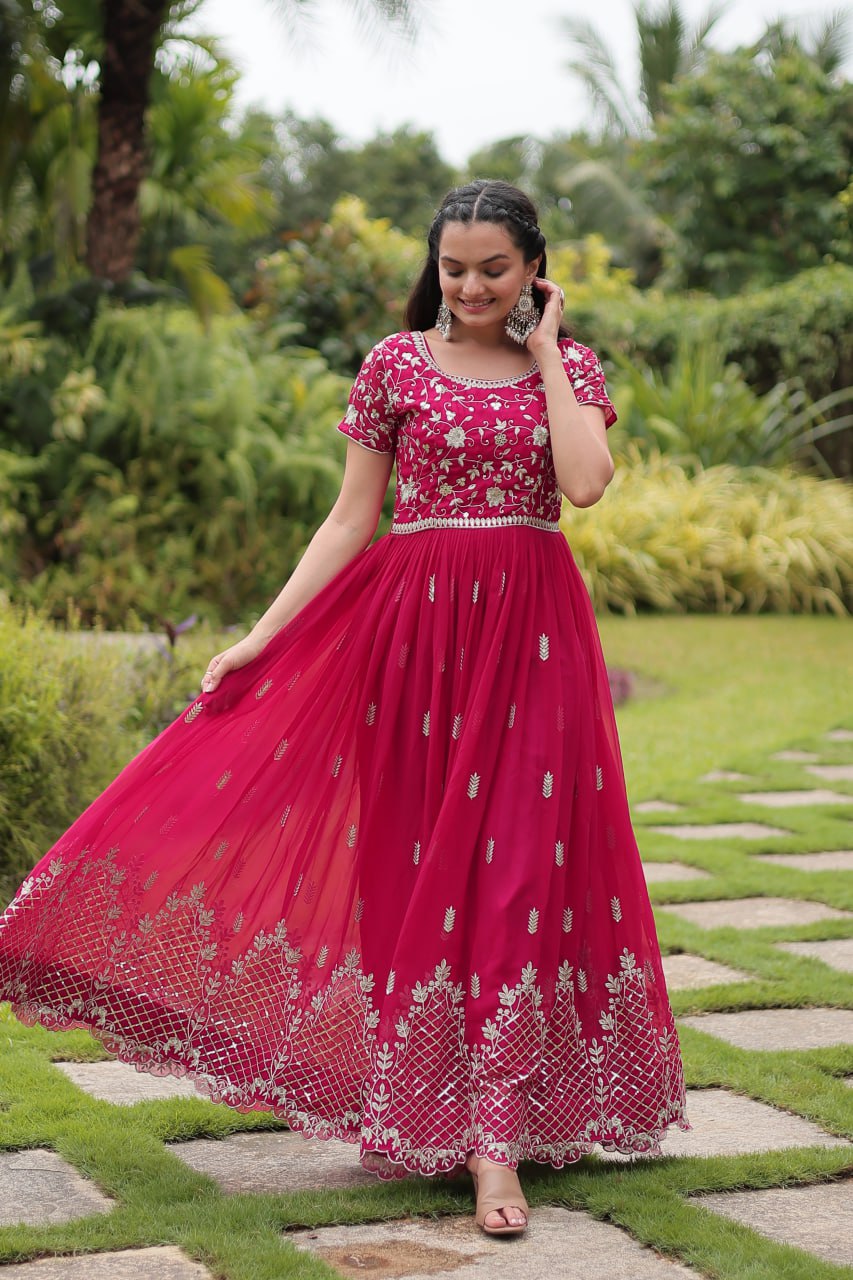 Pink Partywear Flaired Ethnic Gown