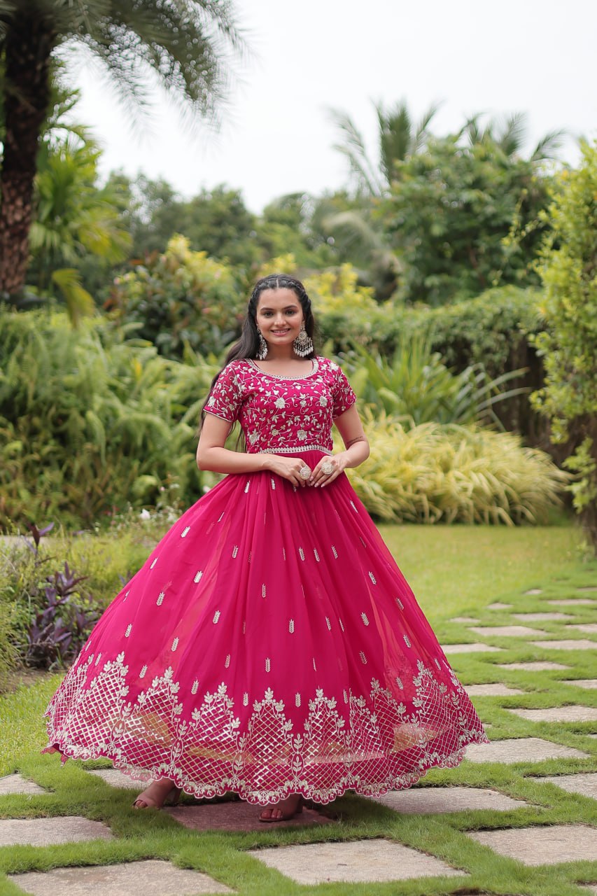 Pink Partywear Flaired Ethnic Gown