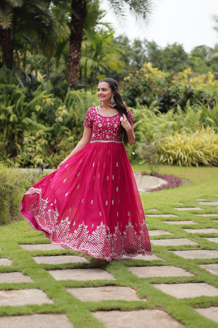 Pink Partywear Flaired Ethnic Gown