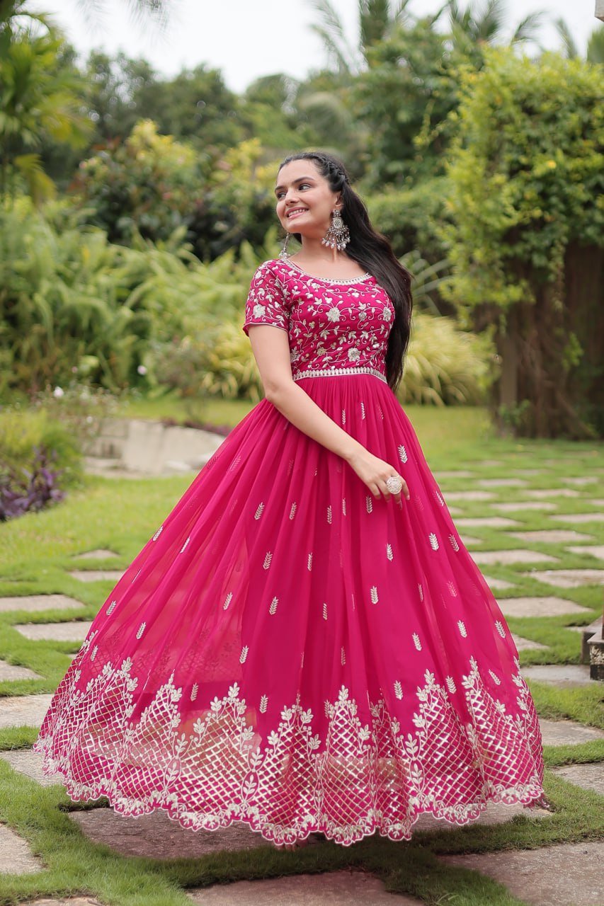 Pink Partywear Flaired Ethnic Gown