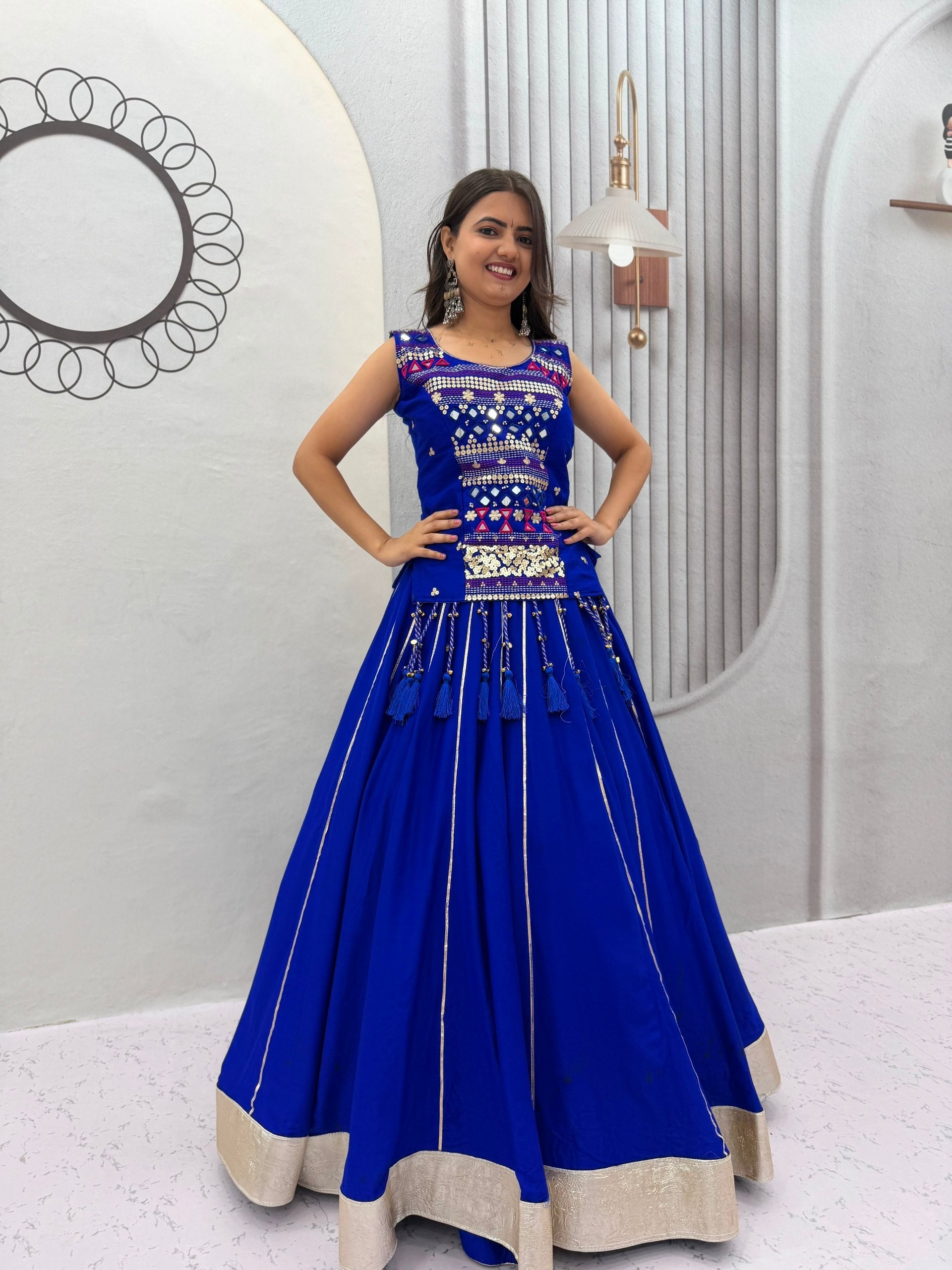 Royal Blue Pure Cotton Navratri Mother Daughter Lehenga Choli Set with Mirror Work
