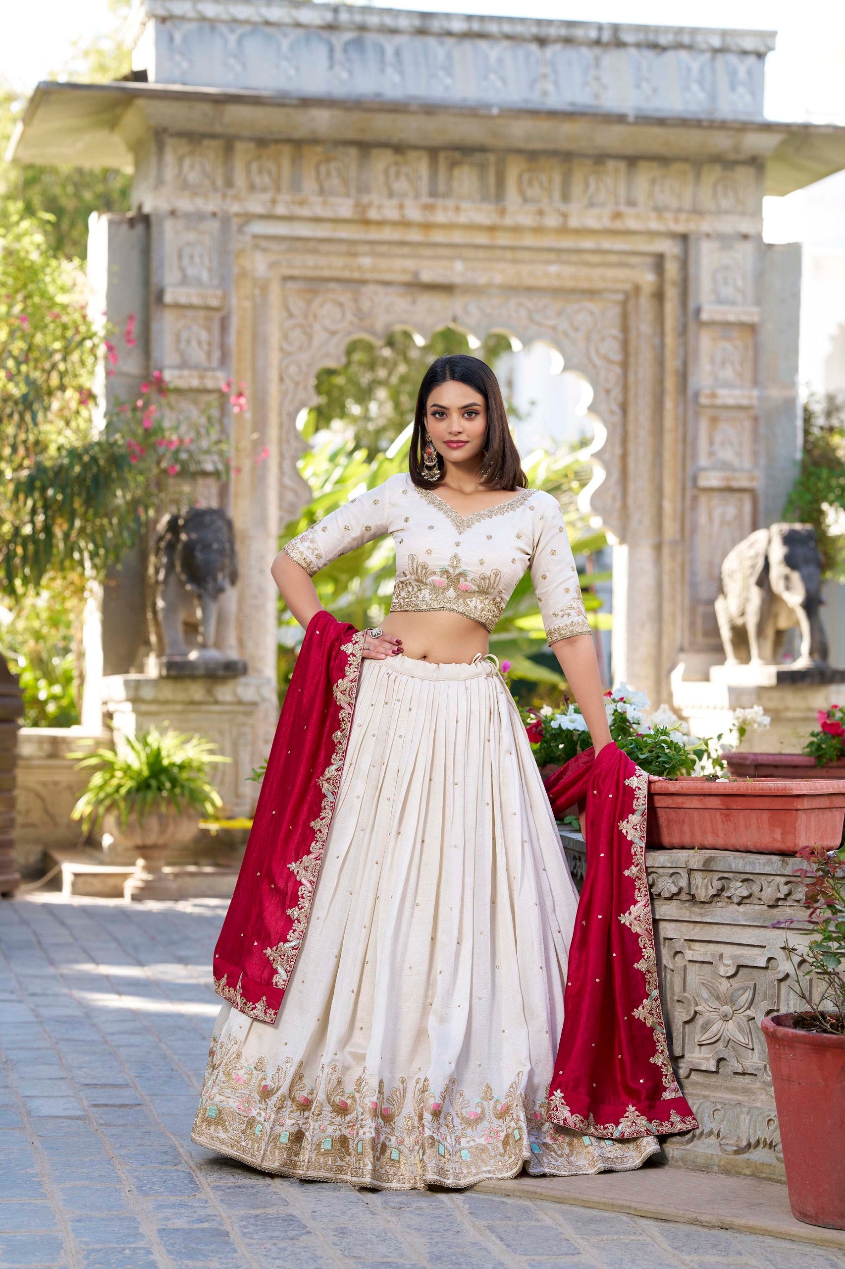 Cream With Red Duppata Vichitra Silk Traditional Lehenga Choli