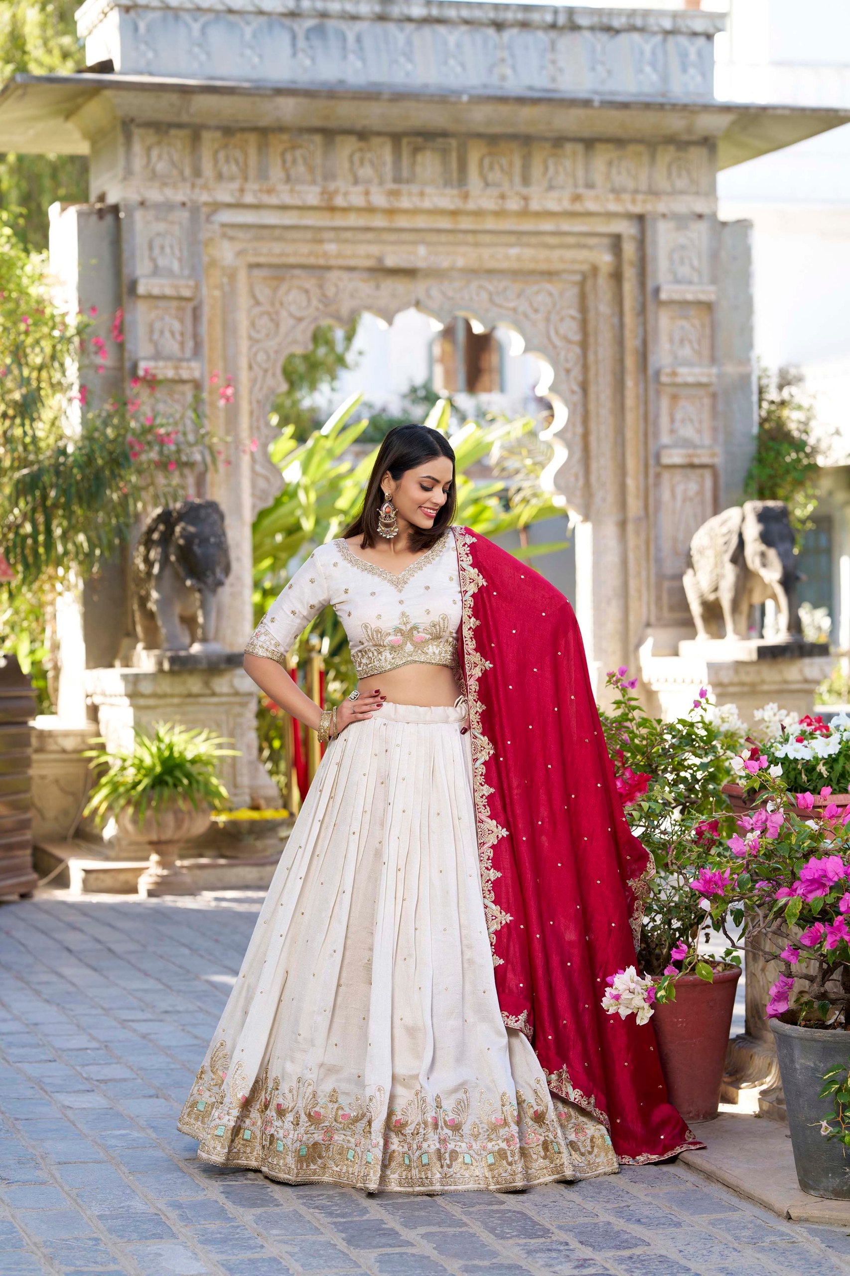 Cream With Red Duppata Vichitra Silk Traditional Lehenga Choli