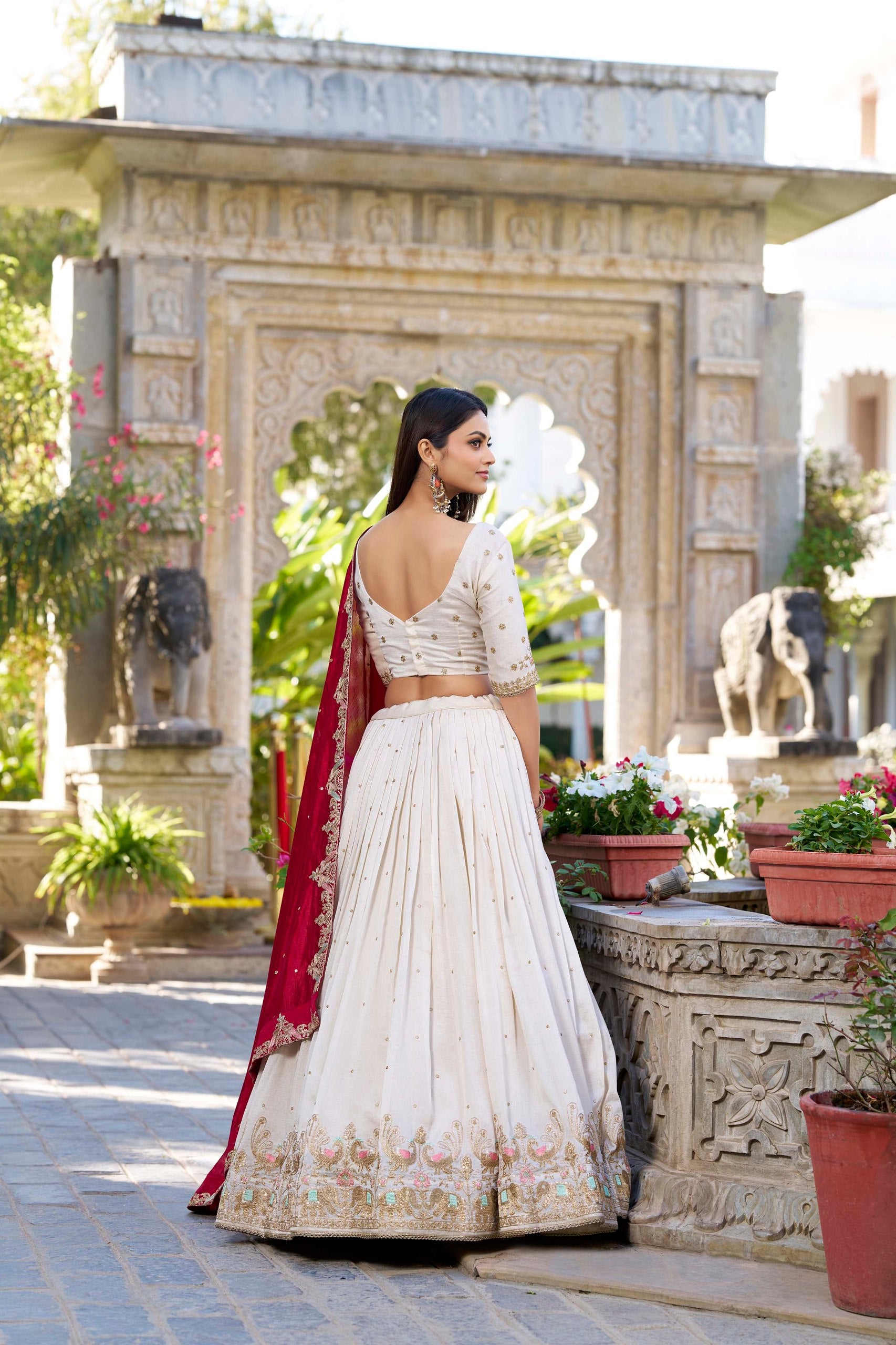 Cream With Red Duppata Vichitra Silk Traditional Lehenga Choli