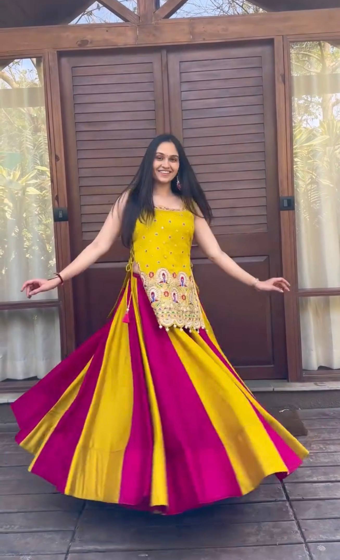 Navratri Special Vichitra Silk Lehenga Choli with Shrug | Mustard & Rani Pink