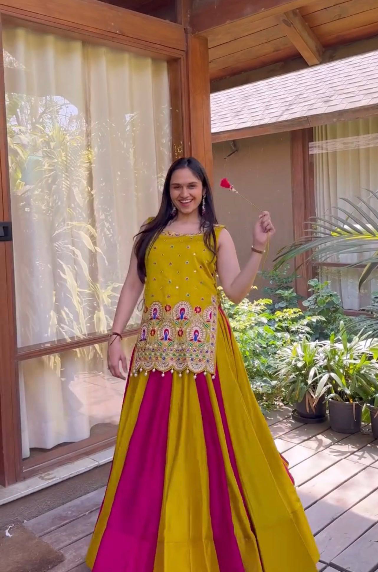 Navratri Special Vichitra Silk Lehenga Choli with Shrug | Mustard & Rani Pink