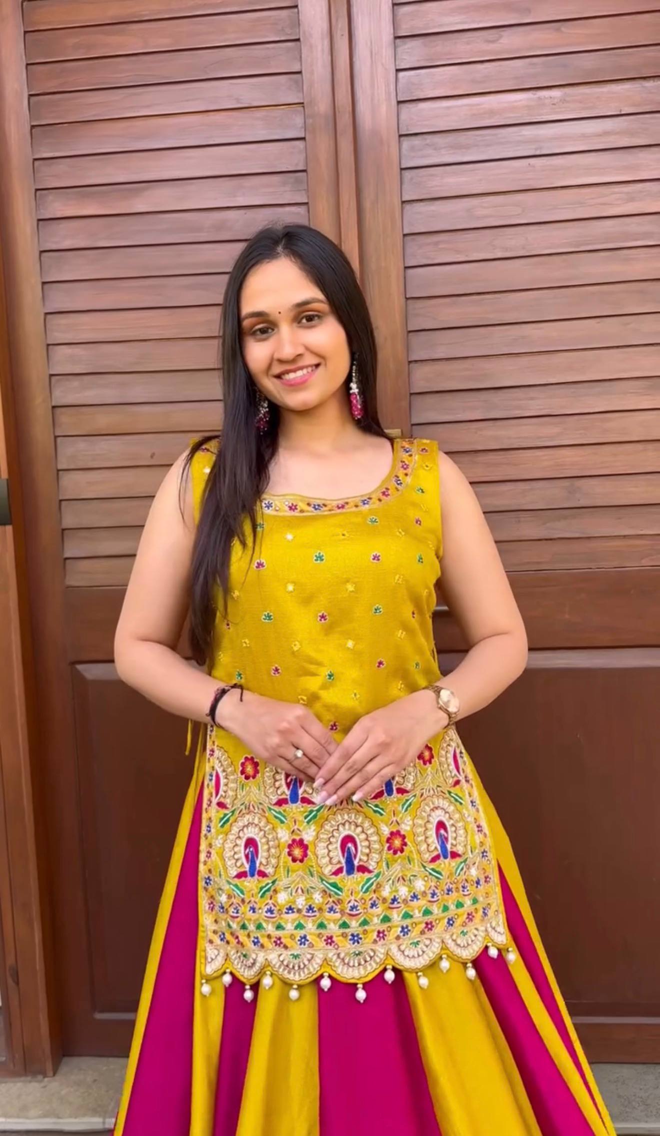Navratri Special Vichitra Silk Lehenga Choli with Shrug | Mustard & Rani Pink
