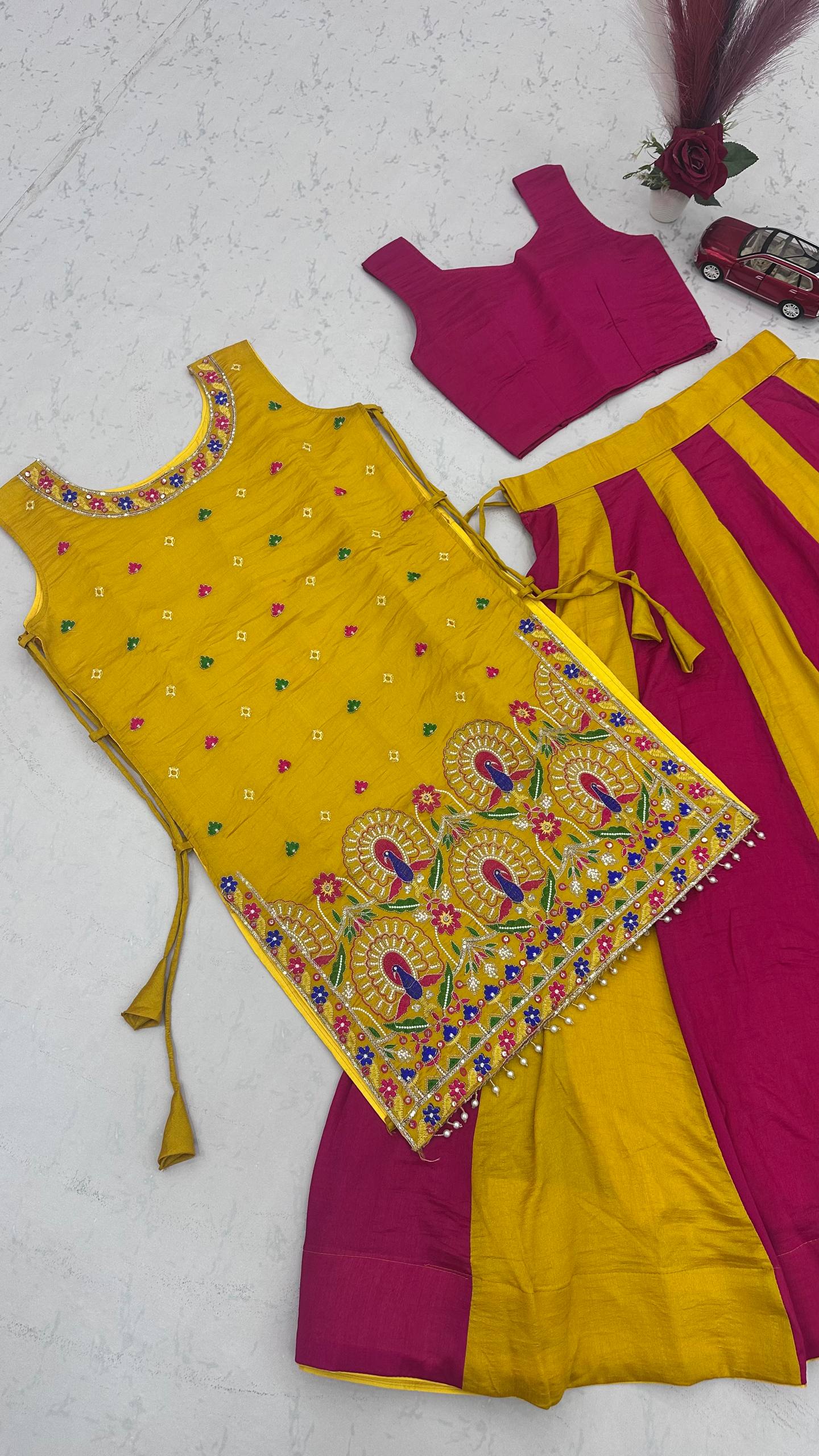 Navratri Special Vichitra Silk Lehenga Choli with Shrug | Mustard & Rani Pink