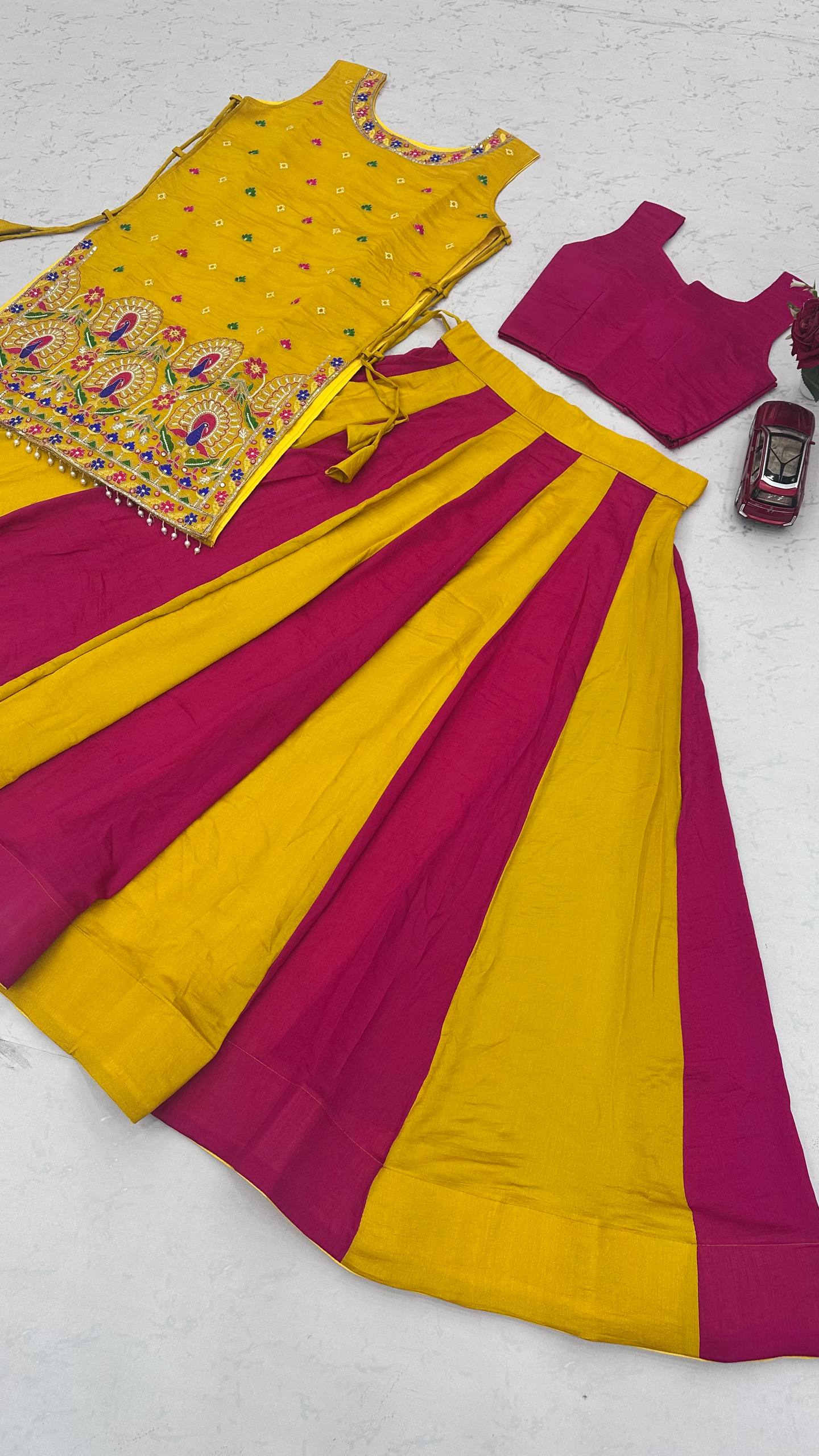 Navratri Special Vichitra Silk Lehenga Choli with Shrug | Mustard & Rani Pink