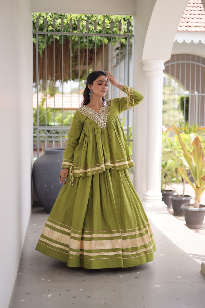 Olive Green Kora Cotton Navratri Lehenga Set with Mirror Work Blouse