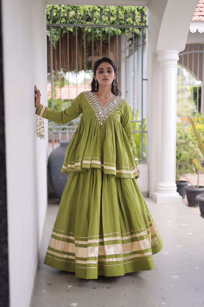Olive Green Kora Cotton Navratri Lehenga Set with Mirror Work Blouse