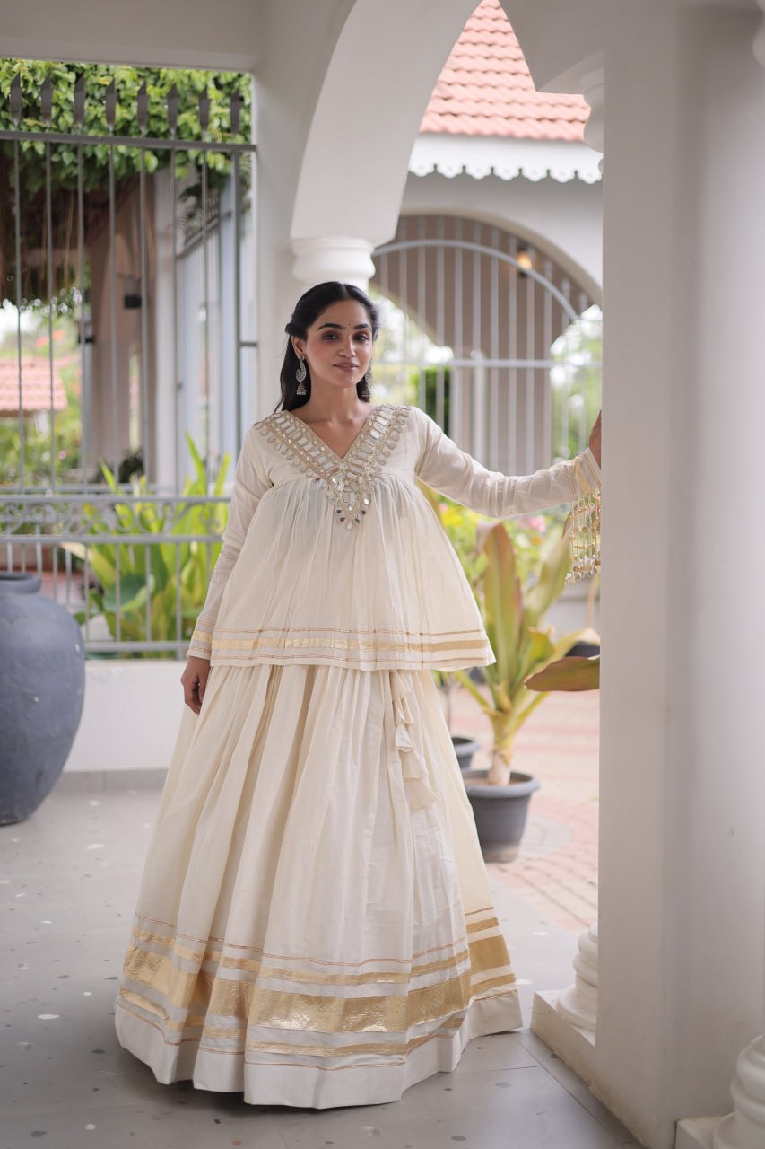 Ivory White Kora Cotton Navratri Lehenga Set with Mirror Work Blouse