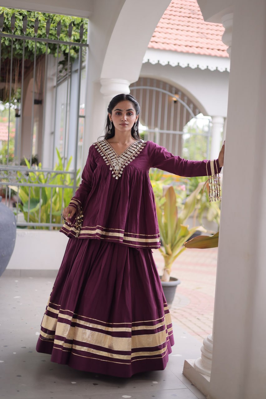 Wine Purple Kora Cotton Navratri Lehenga Set with Mirror Work Blouse