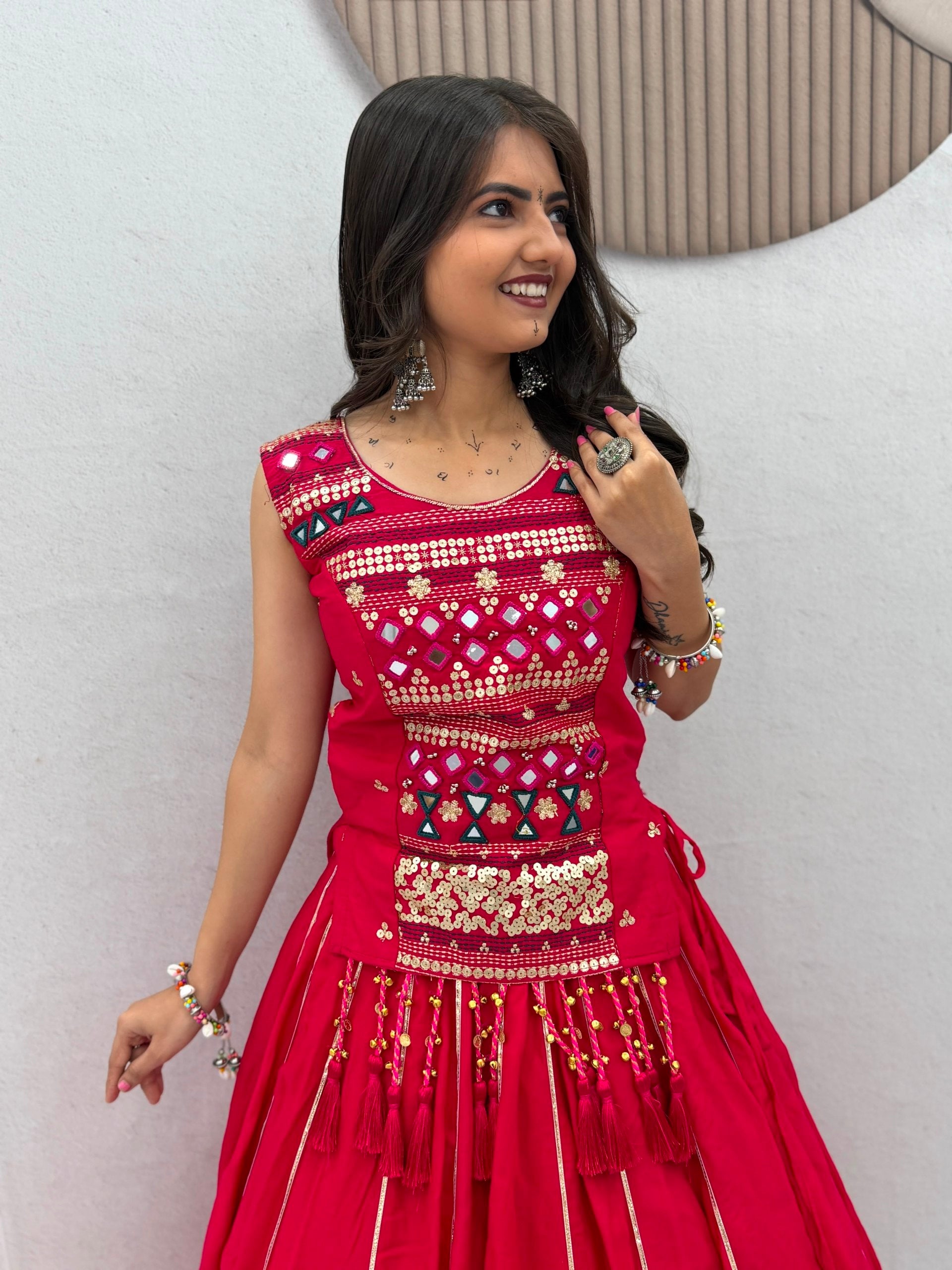 Rani Pink Navratri Mirror Work Pure Cotton Lehenga Choli for Women