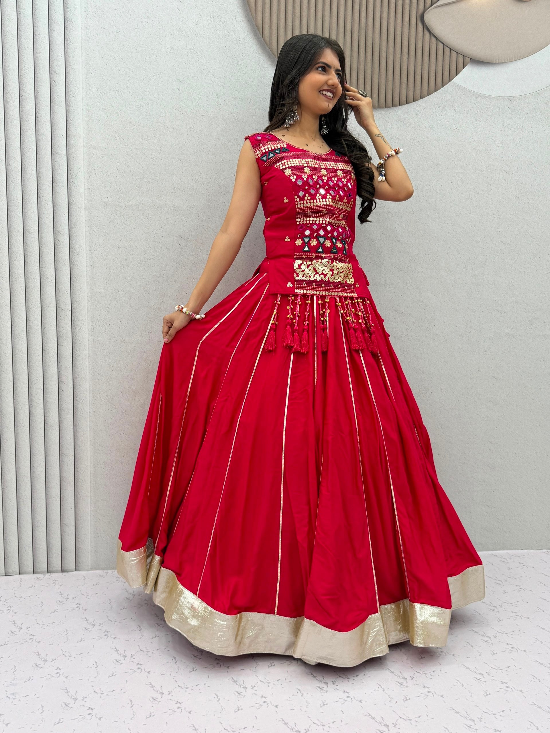 Rani Pink Navratri Mirror Work Pure Cotton Lehenga Choli for Women