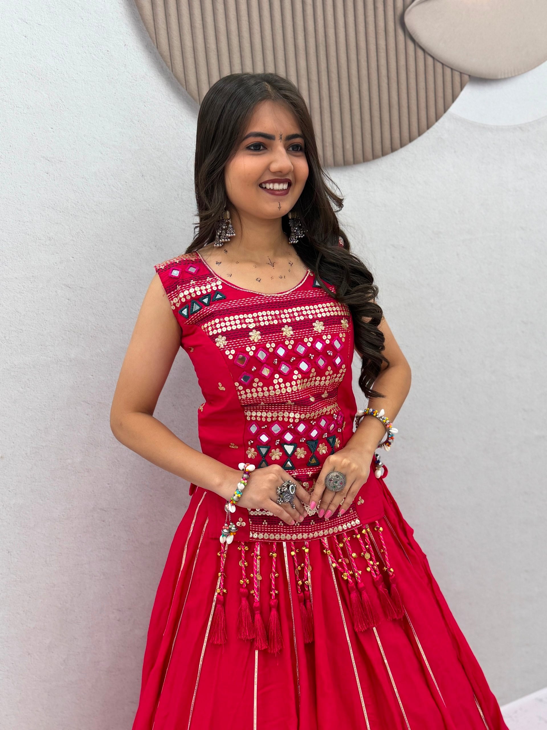 Rani Pink Navratri Mirror Work Pure Cotton Lehenga Choli for Women