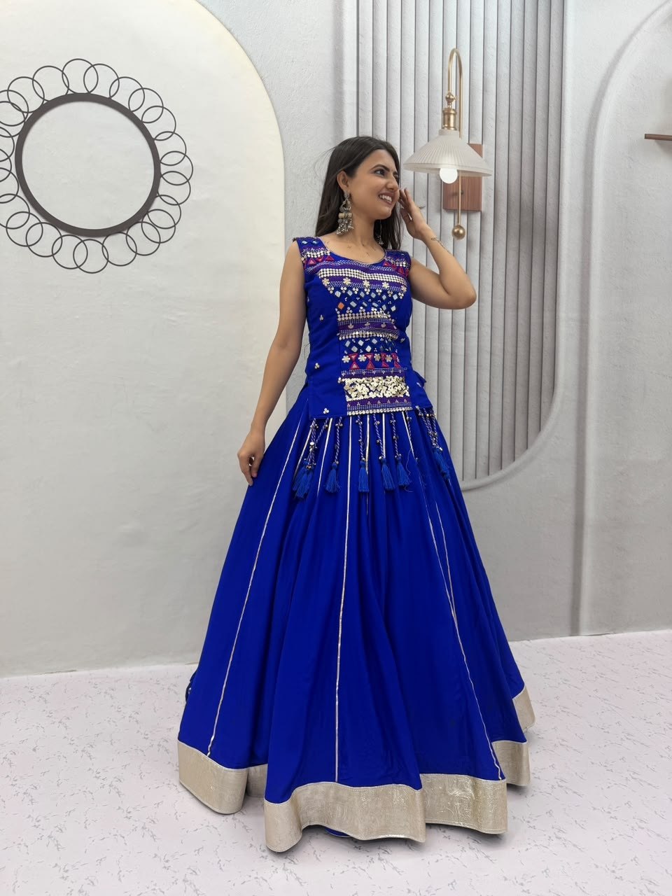 Royal Blue Pure Cotton Navratri Mother Daughter Lehenga Choli Set with Mirror Work