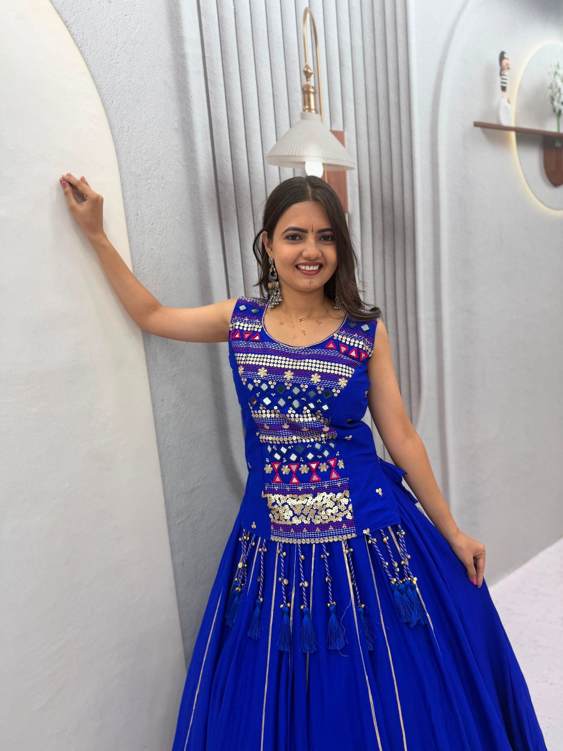 Royal Blue Pure Cotton Navratri Mother Daughter Lehenga Choli Set with Mirror Work