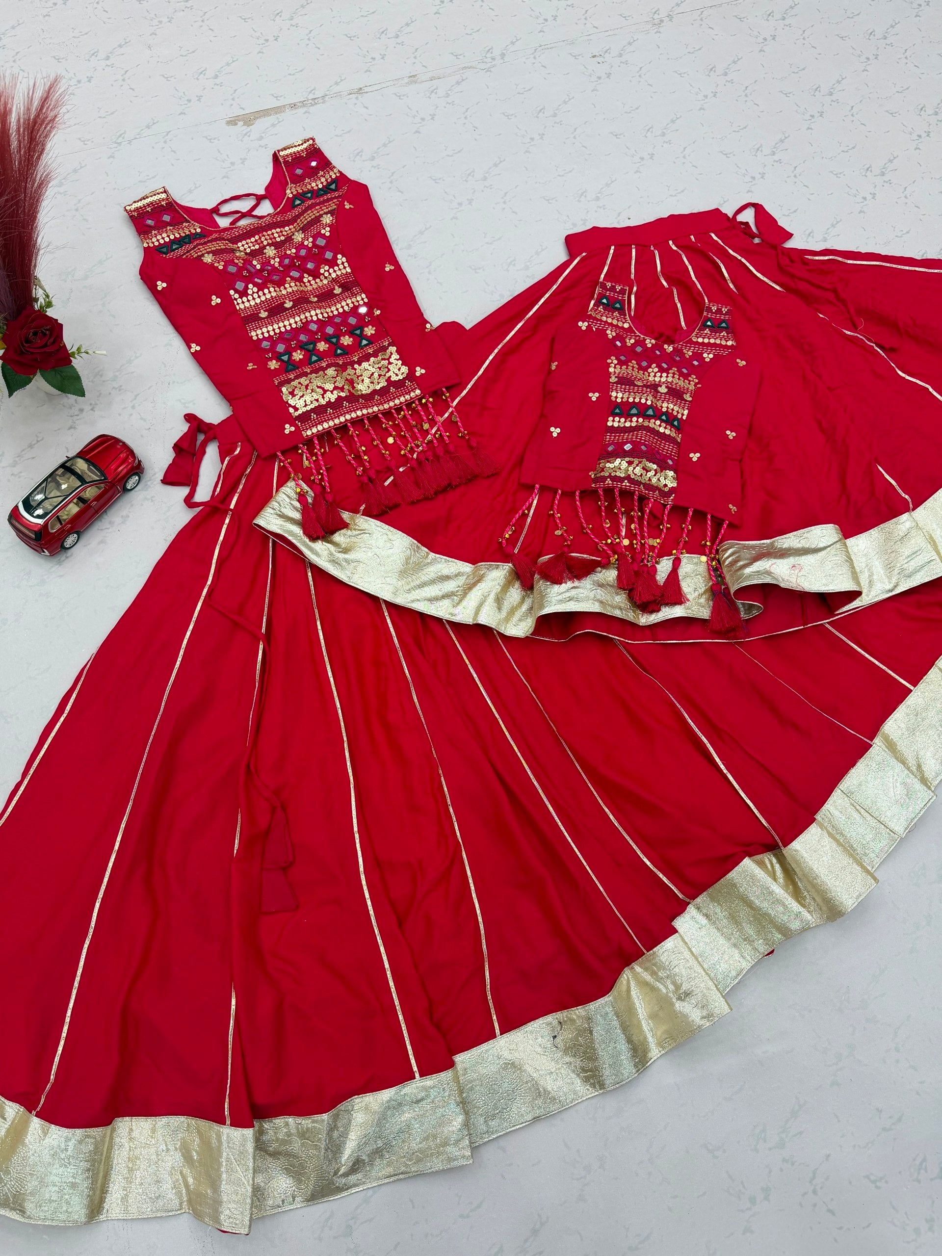 Rani Pink Navratri Mirror Work Pure Cotton Lehenga Choli for Women