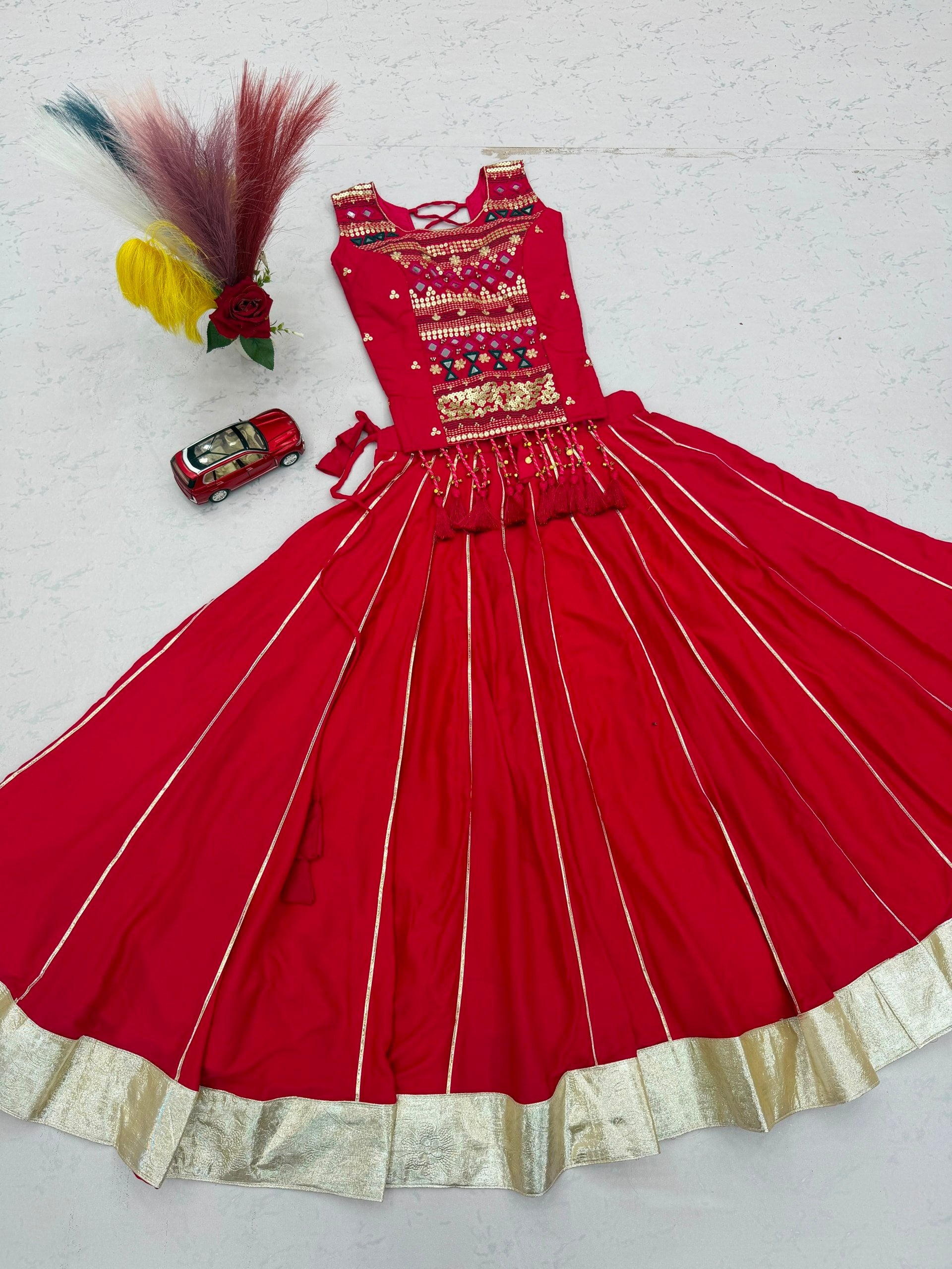 Rani Pink Navratri Mirror Work Pure Cotton Lehenga Choli for Women