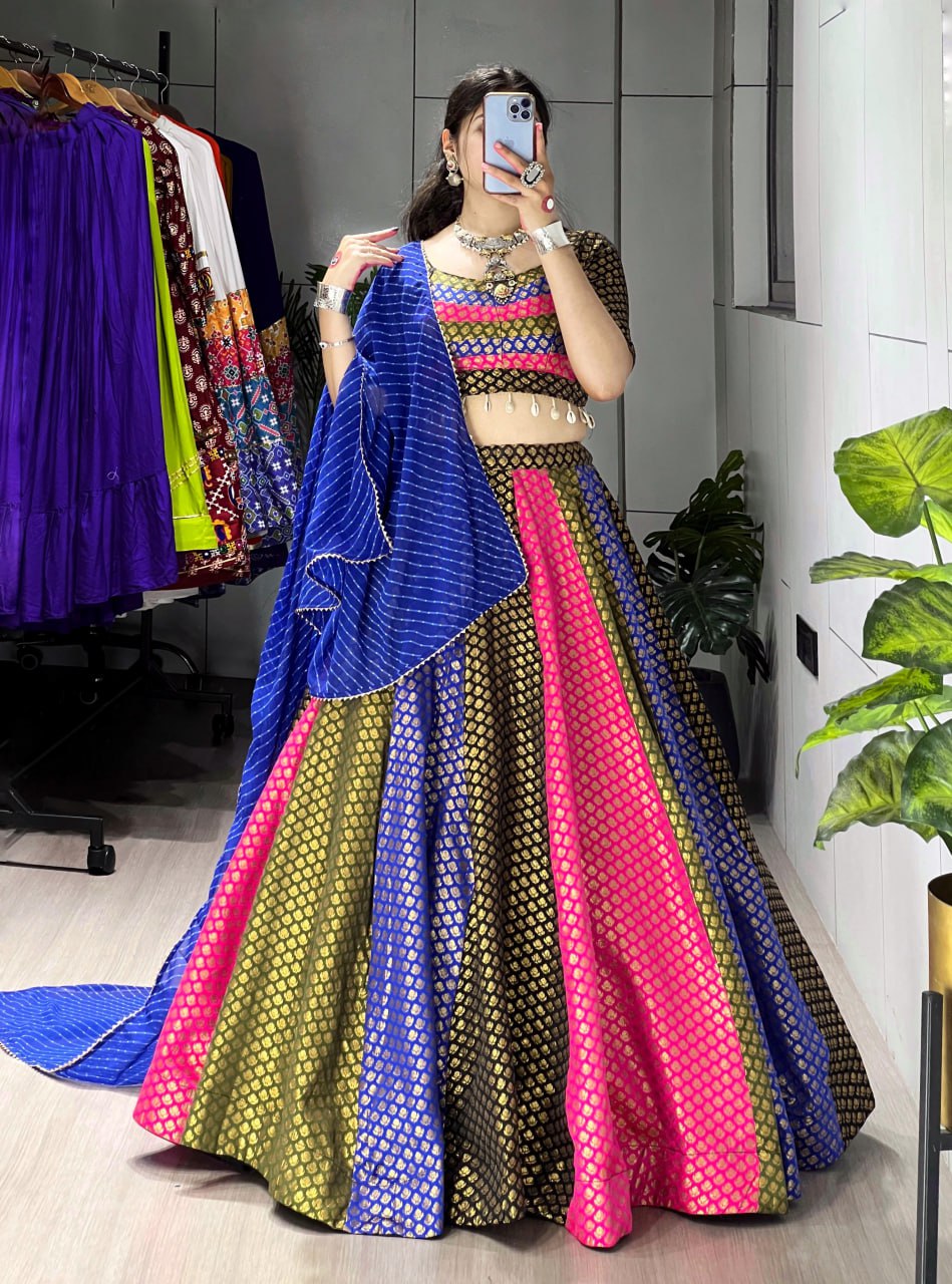 Royal Blue Multicolor Soft Silk Navratri Lehenga Choli Set with Leriya Dupatta