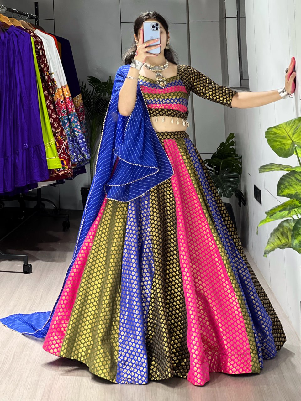 Royal Blue Multicolor Soft Silk Navratri Lehenga Choli Set with Leriya Dupatta