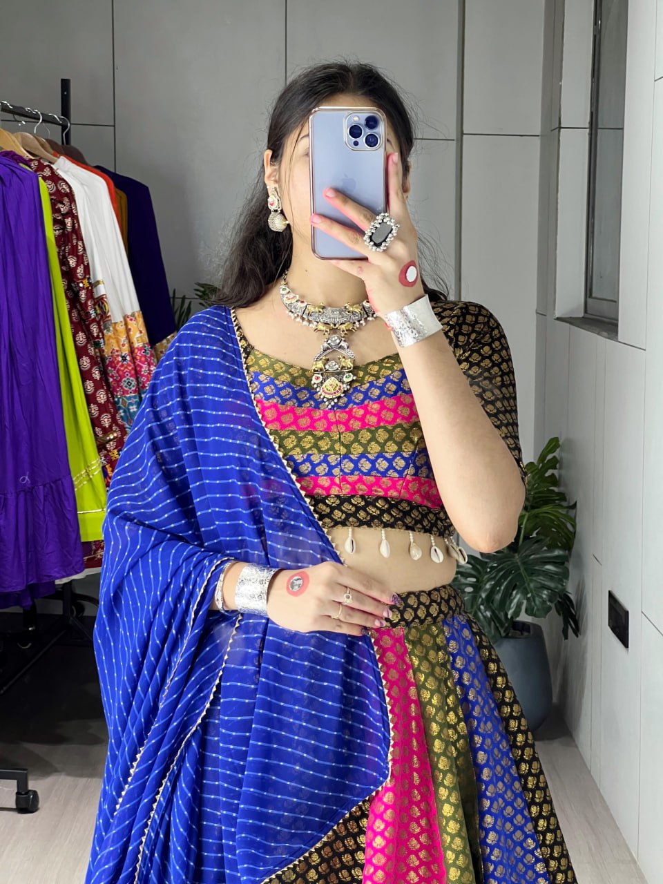 Royal Blue Multicolor Soft Silk Navratri Lehenga Choli Set with Leriya Dupatta