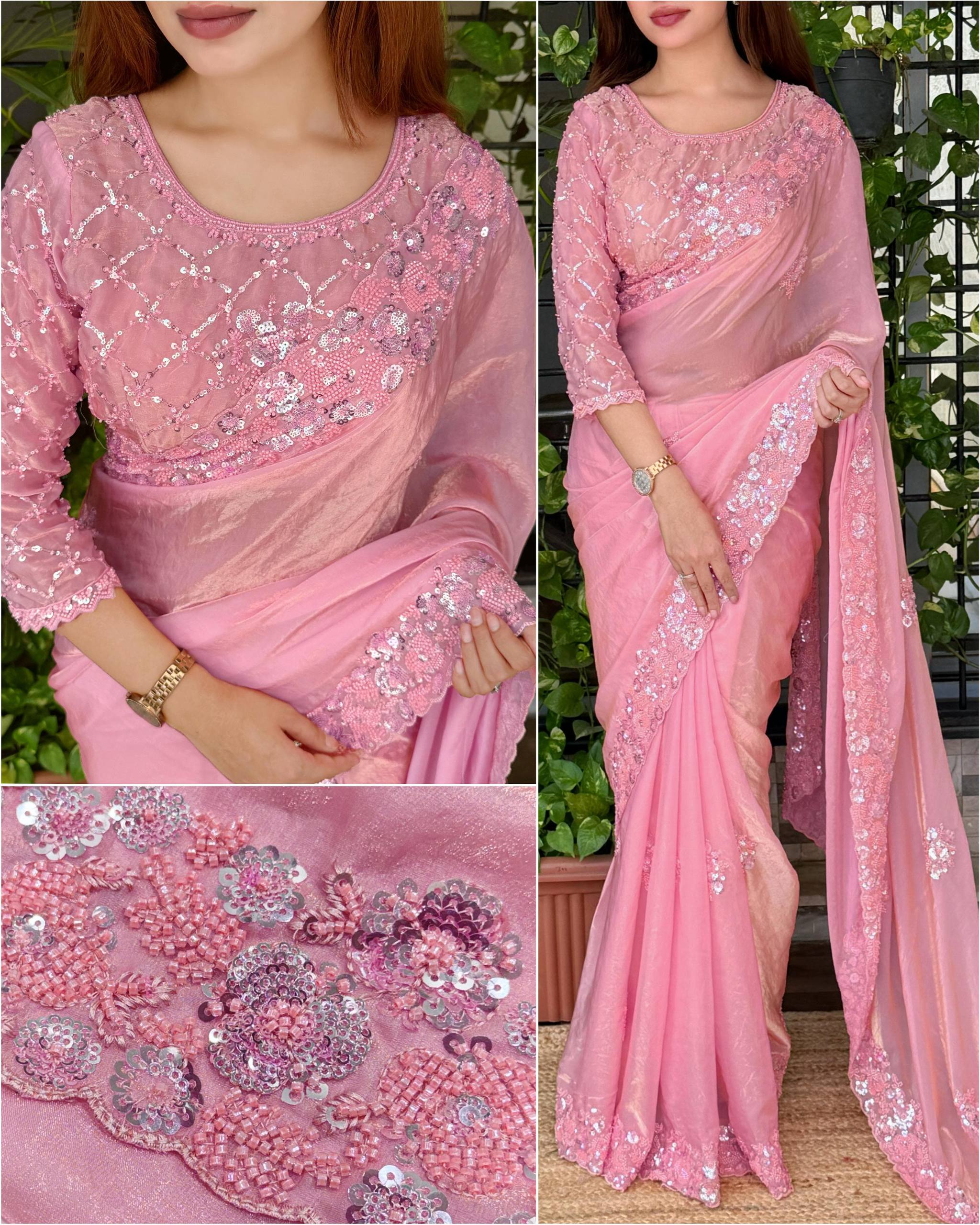 Blush Pink Fandy Satin Saree with Heavy Beads & Sequins Embroidery