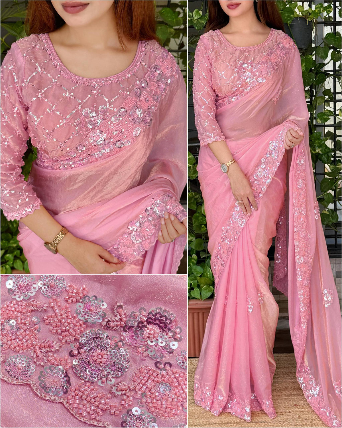 Blush Pink Fandy Satin Saree with Heavy Beads & Sequins Work