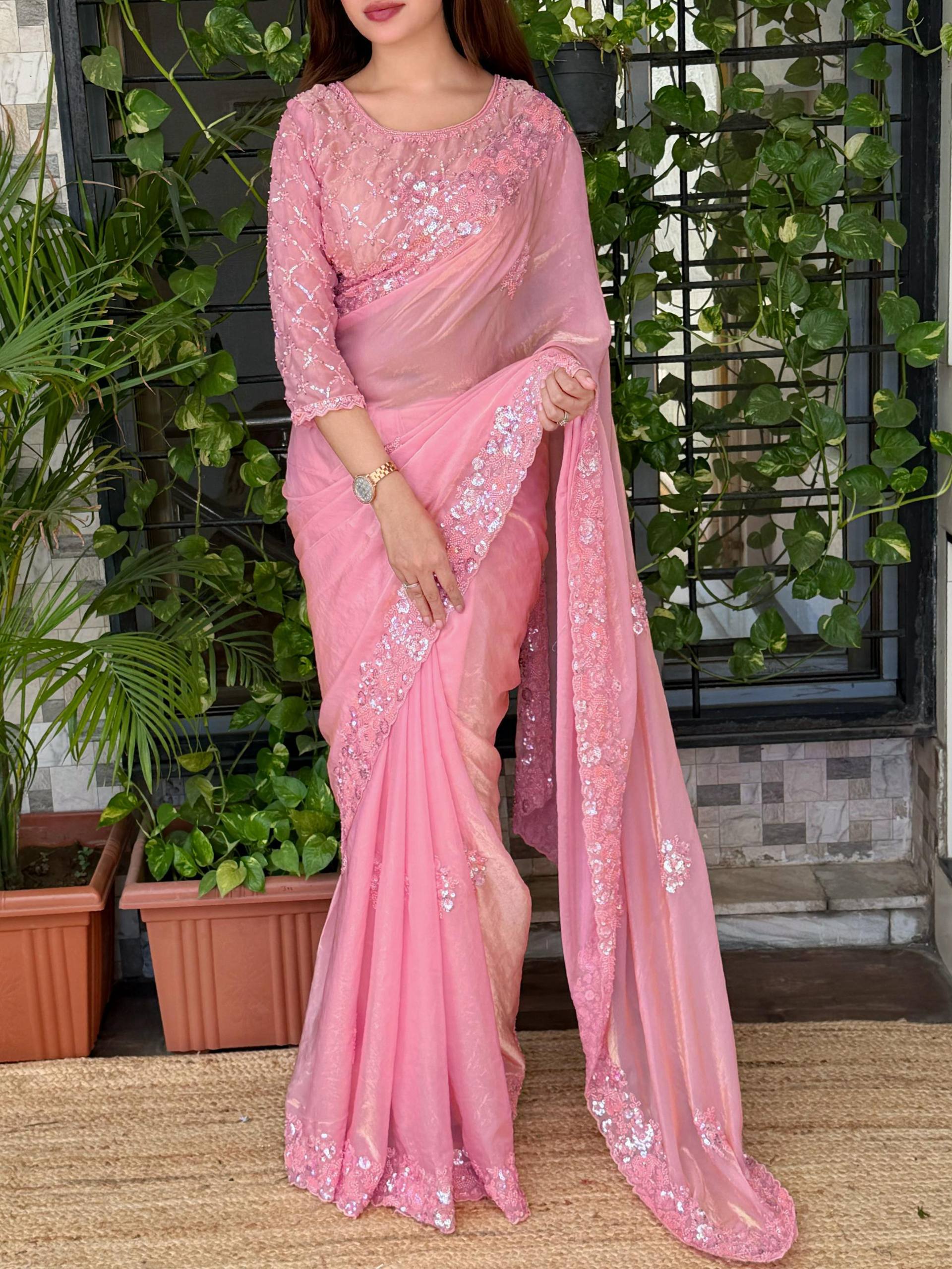 Blush Pink Fandy Satin Saree with Heavy Beads & Sequins Embroidery