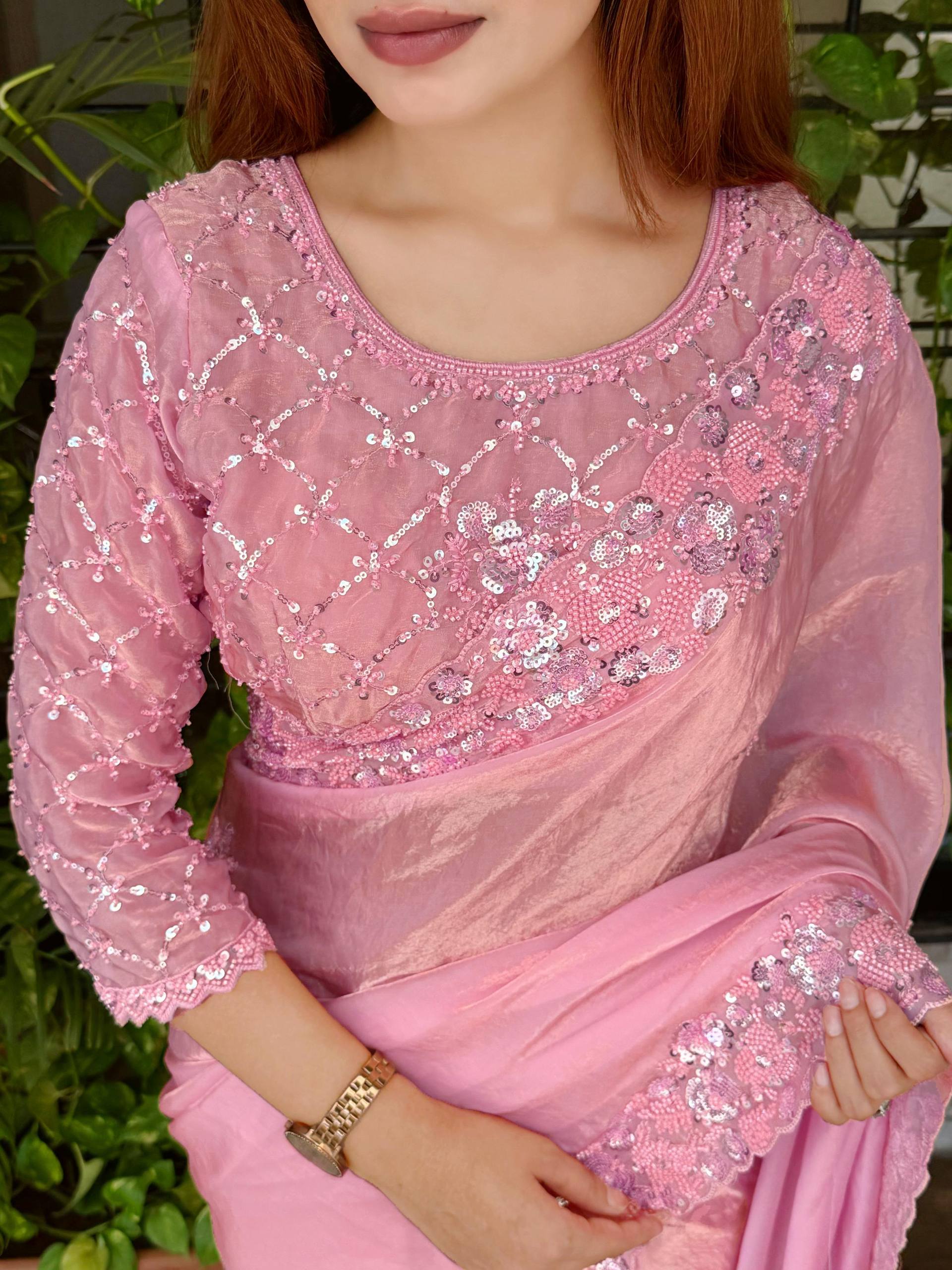 Blush Pink Fandy Satin Saree with Heavy Beads & Sequins Embroidery