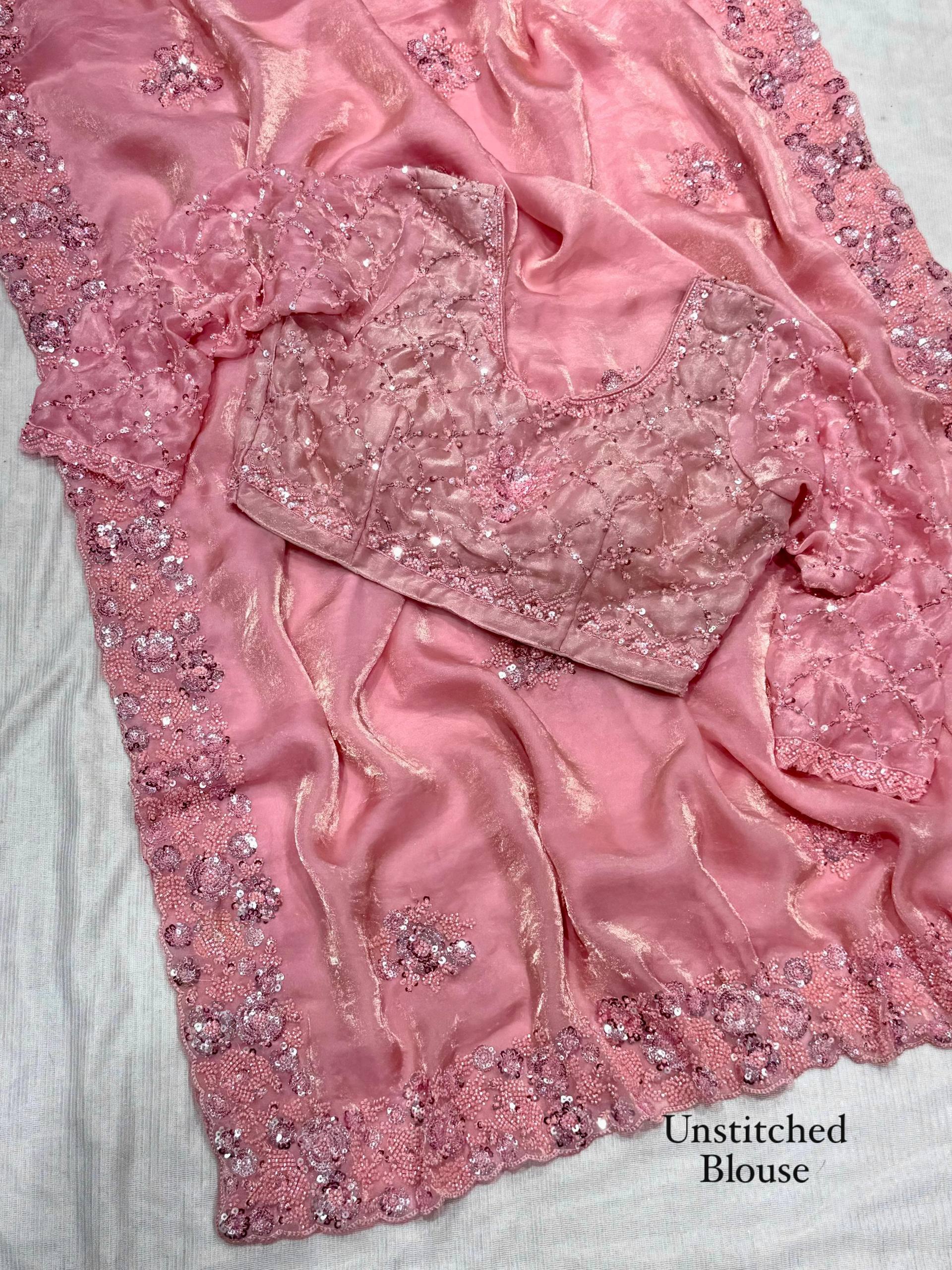 Blush Pink Fandy Satin Saree with Heavy Beads & Sequins Embroidery