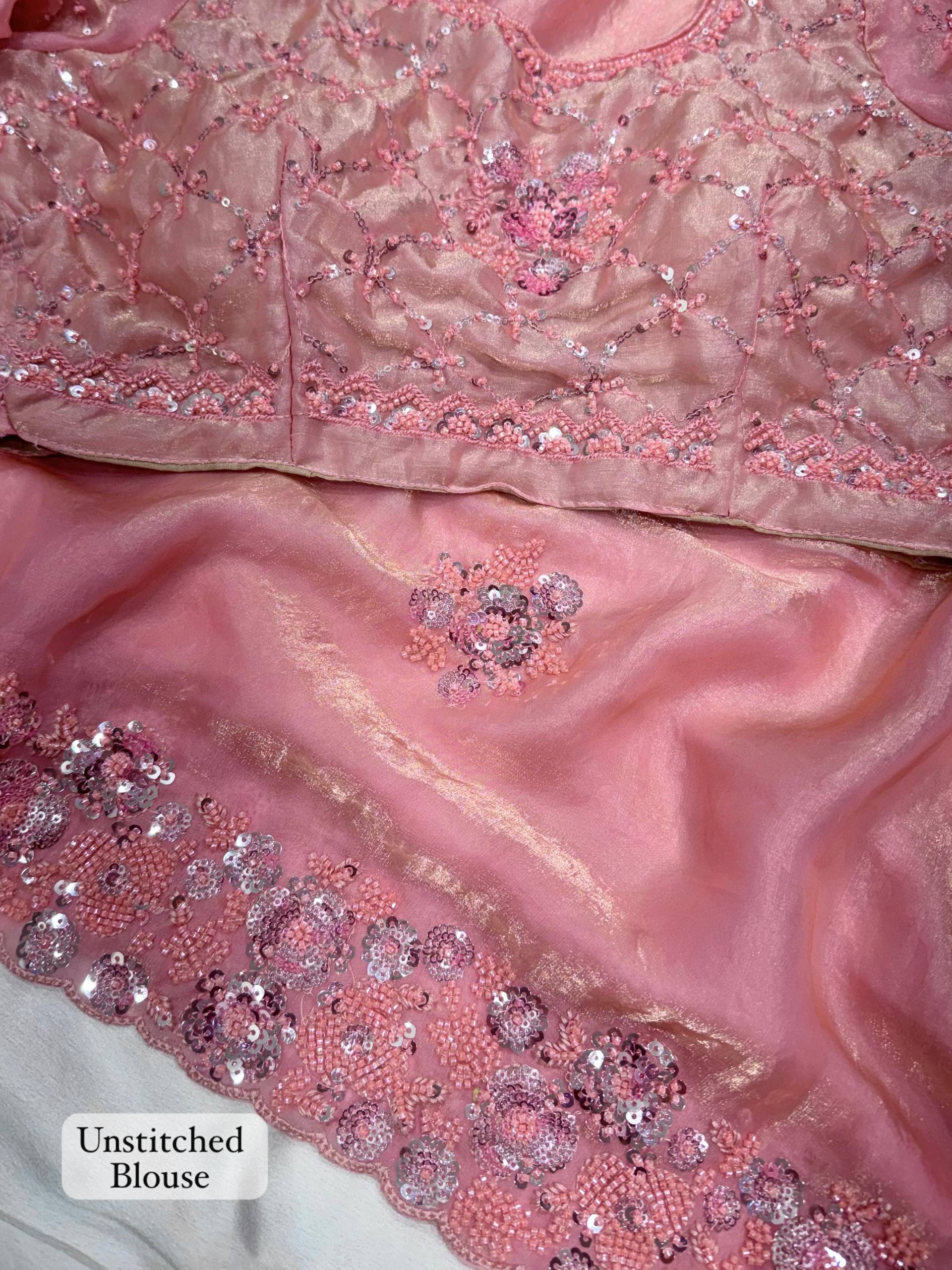 Blush Pink Fandy Satin Saree with Heavy Beads & Sequins Embroidery