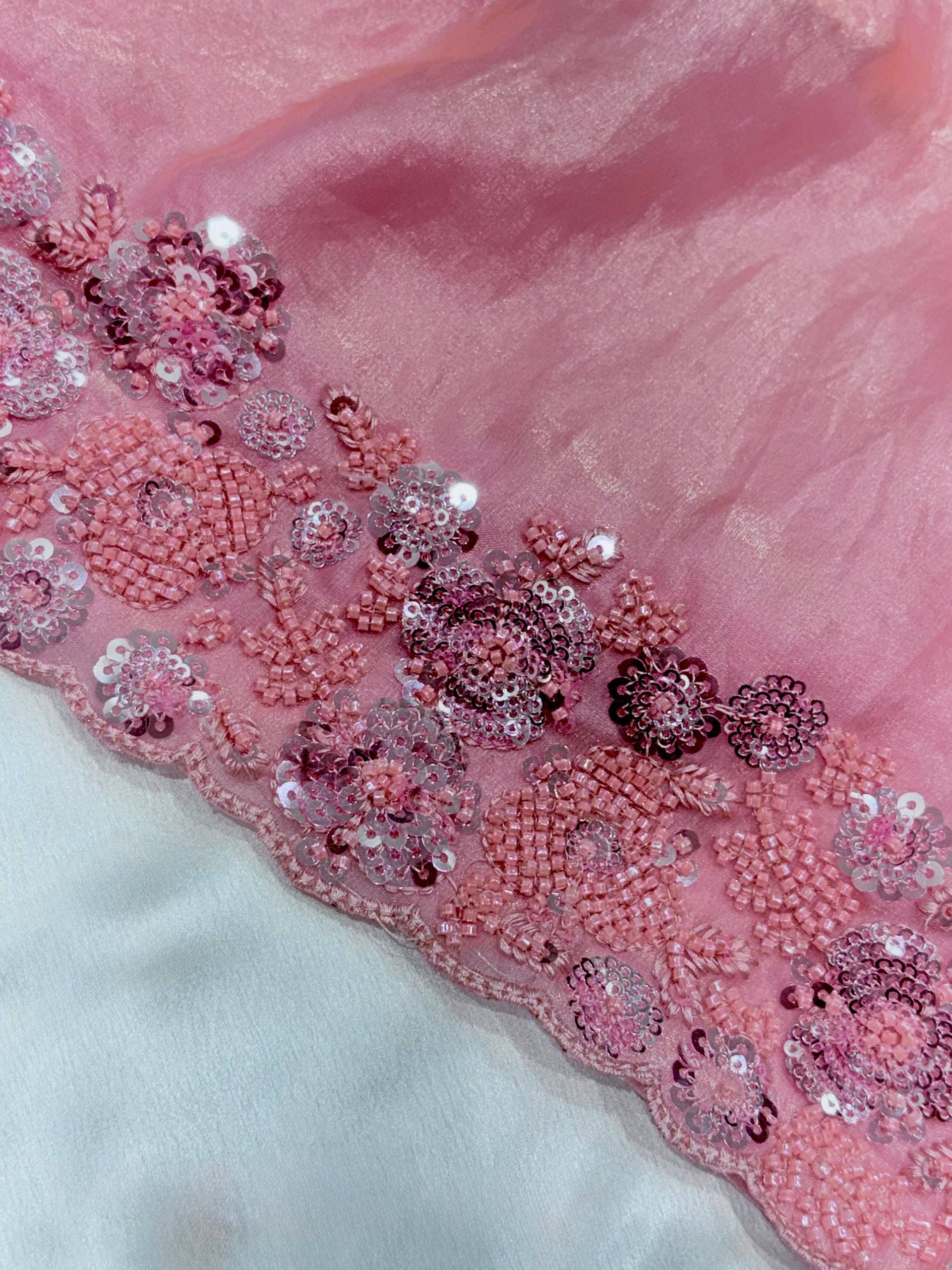 Blush Pink Fandy Satin Saree with Heavy Beads & Sequins Embroidery