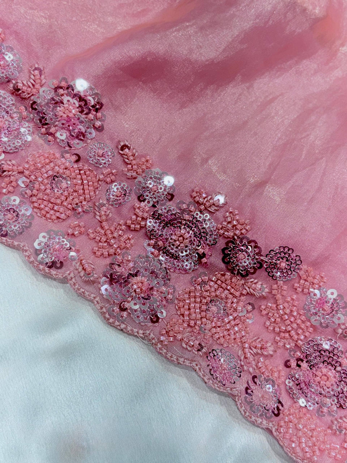 Blush Pink Fandy Satin Saree with Heavy Beads & Sequins Work