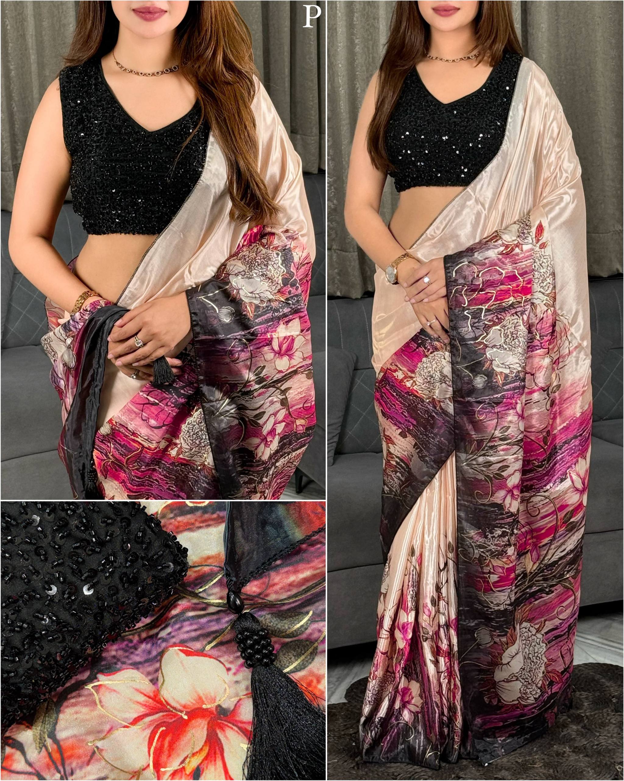 Champagne Beige Glass Crepe Saree with 3D Floral Print & Black Heavy Beaded Blouse