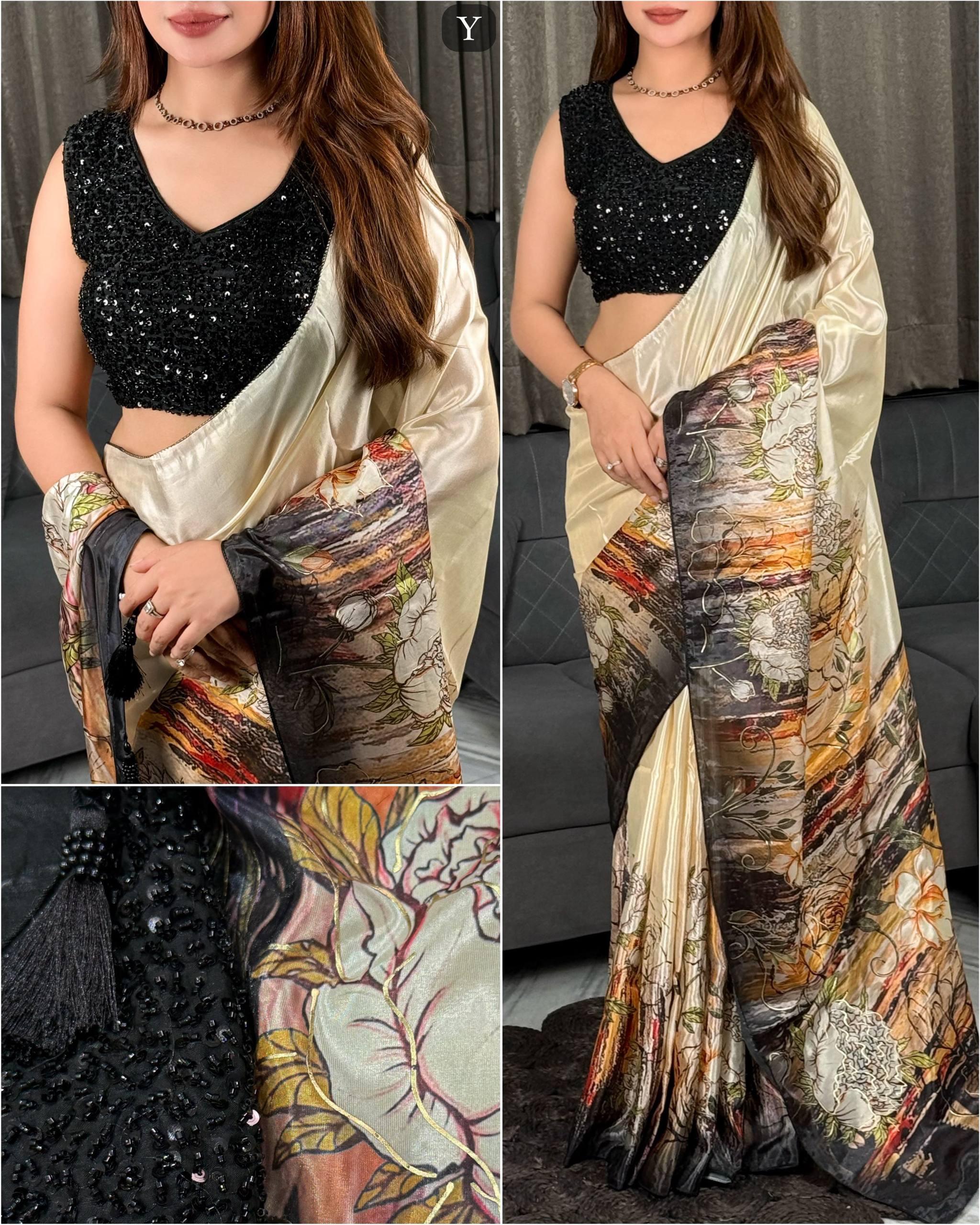 Champagne Gold Glass Crepe Saree with 3D Floral Print & Black Heavy Beaded Blouse