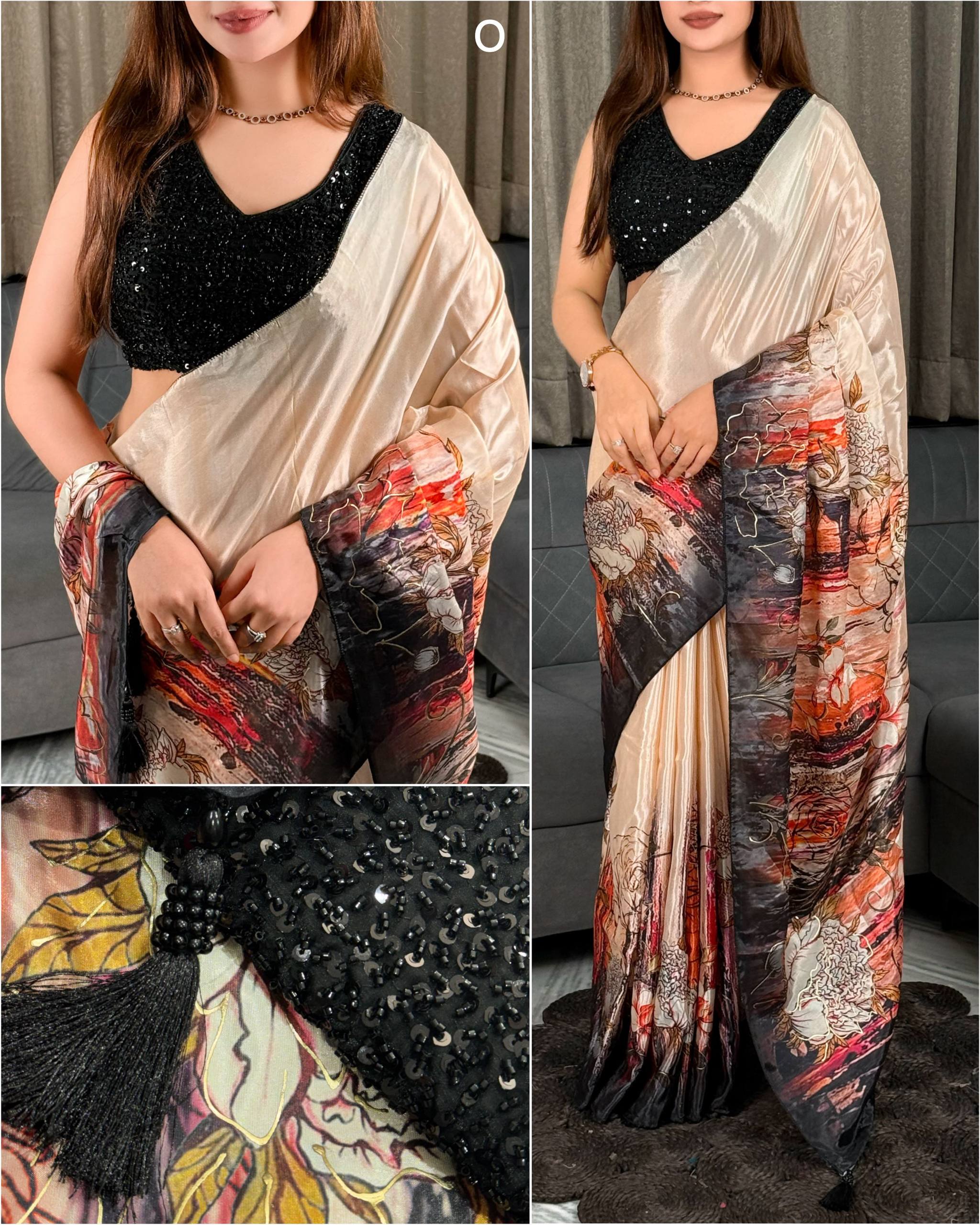Champagne Beige Glass Crepe Saree with Abstract Floral Print & Black Heavy Beaded Blouse