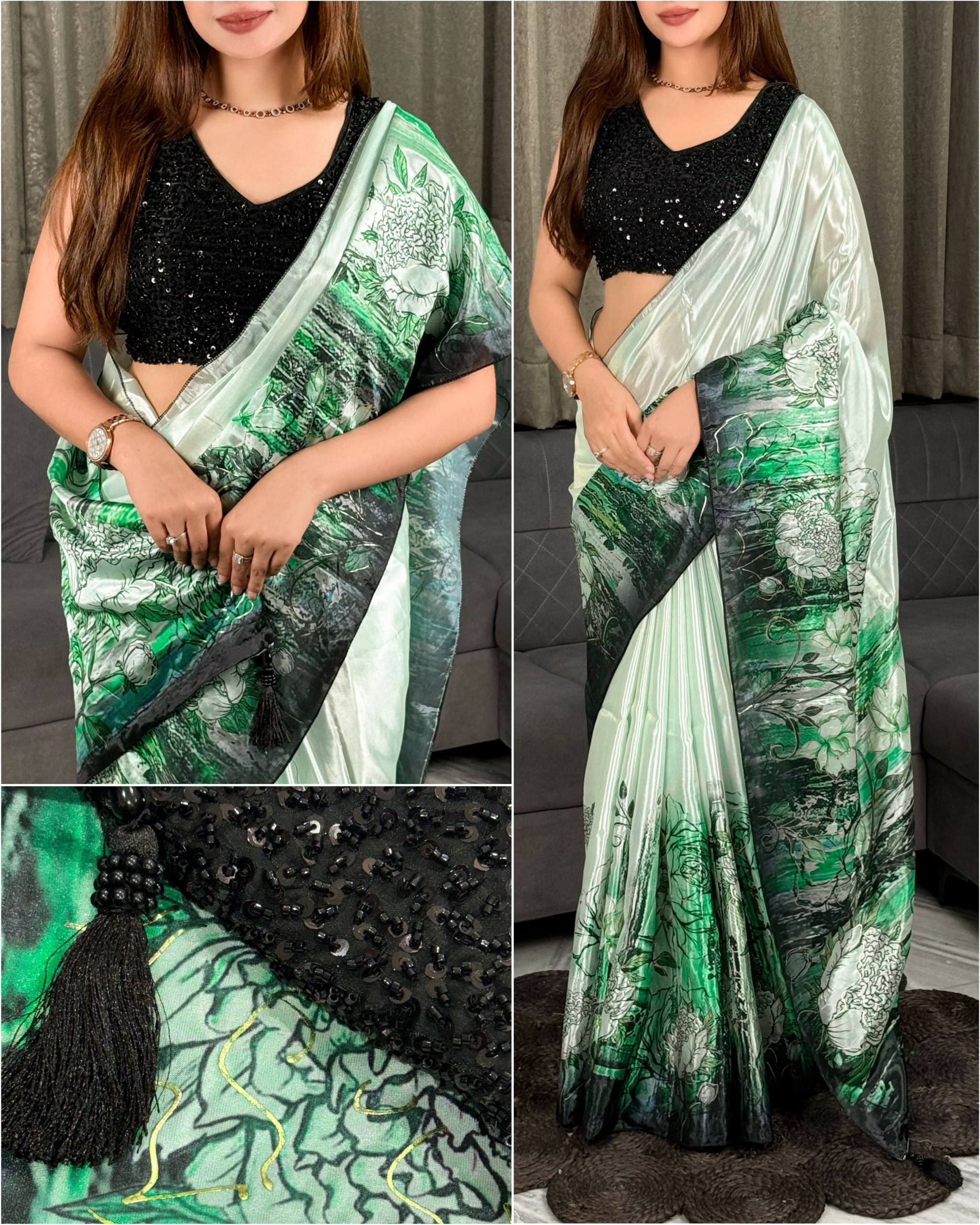 Mint Green Glass Crepe Saree with 3D Floral Print & Black Heavy Beaded Blouse