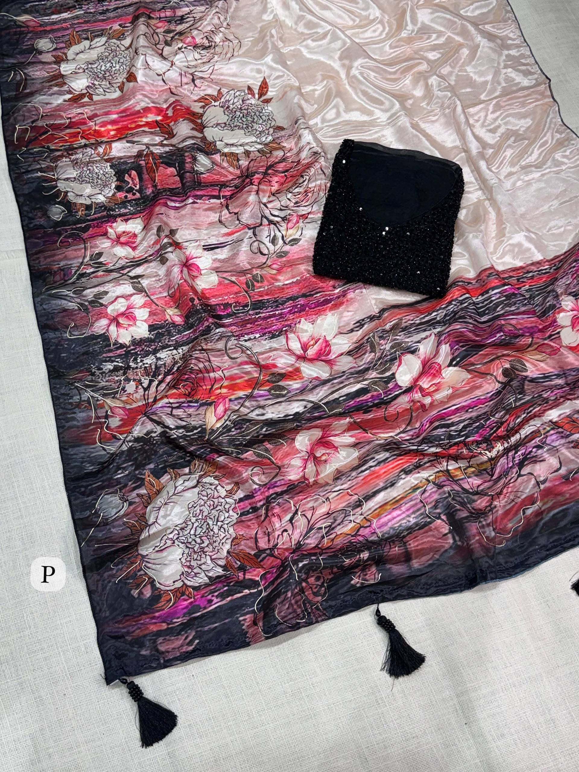 Champagne Beige Glass Crepe Saree with 3D Floral Print & Black Heavy Beaded Blouse