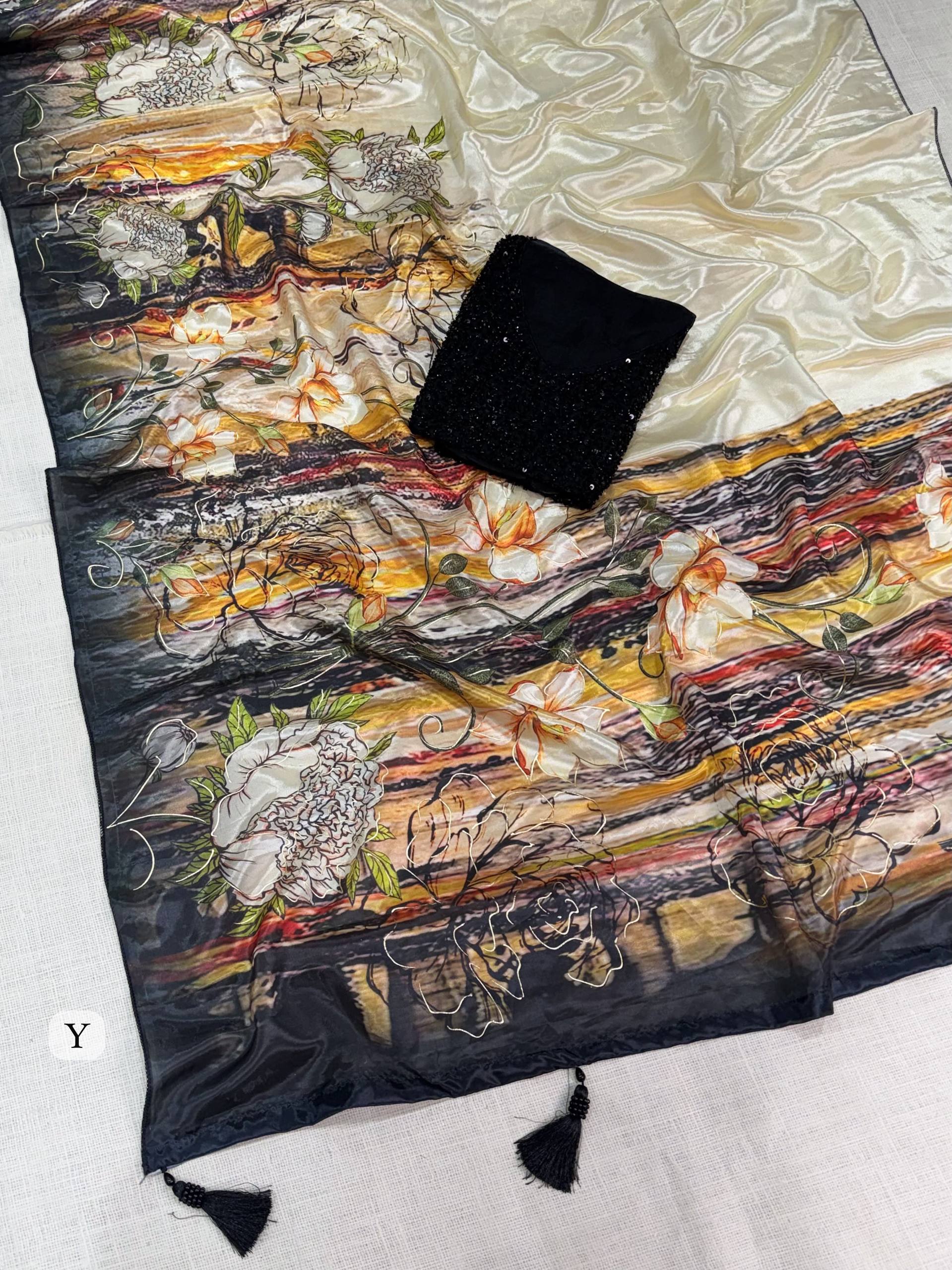 Champagne Gold Glass Crepe Saree with 3D Floral Print & Black Heavy Beaded Blouse