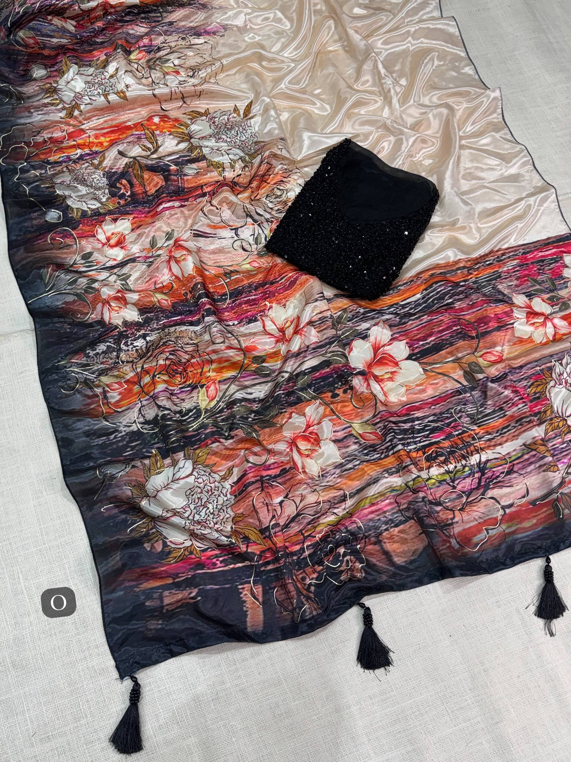Champagne Beige Glass Crepe Saree with Abstract Floral Print & Black Heavy Beaded Blouse