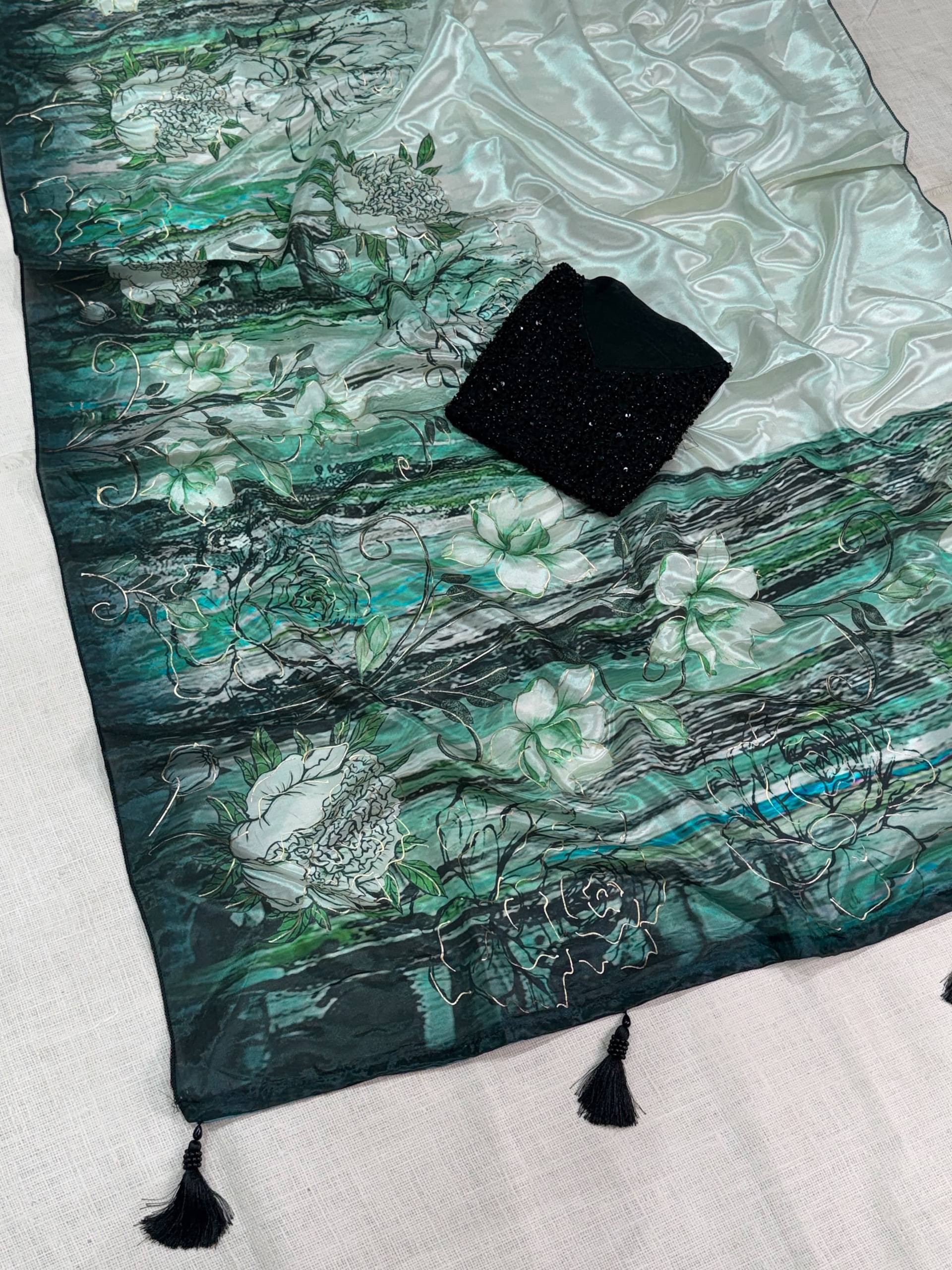 Mint Green Glass Crepe Saree with 3D Floral Print & Black Heavy Beaded Blouse