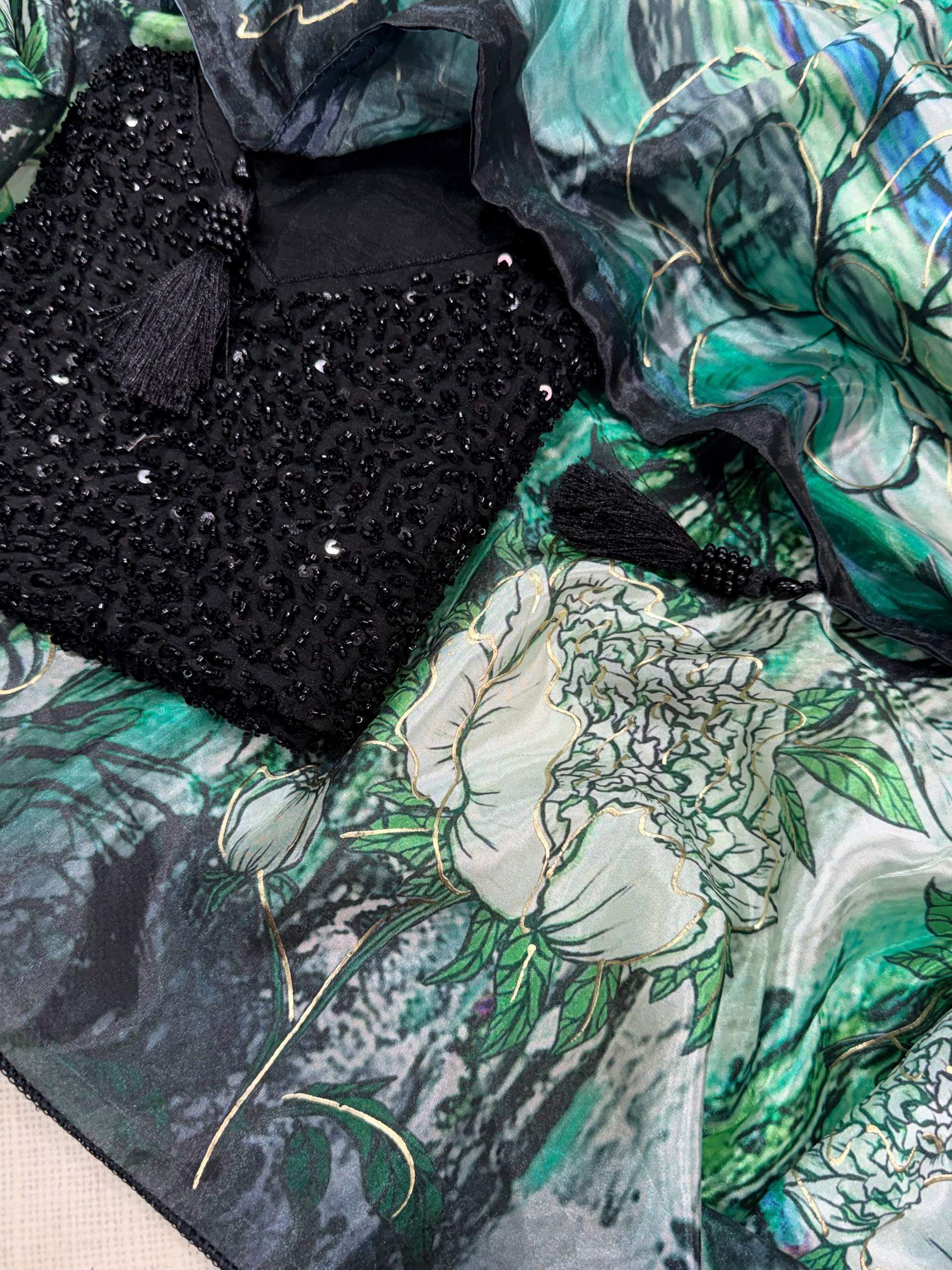 Mint Green Glass Crepe Saree with 3D Floral Print & Black Heavy Beaded Blouse