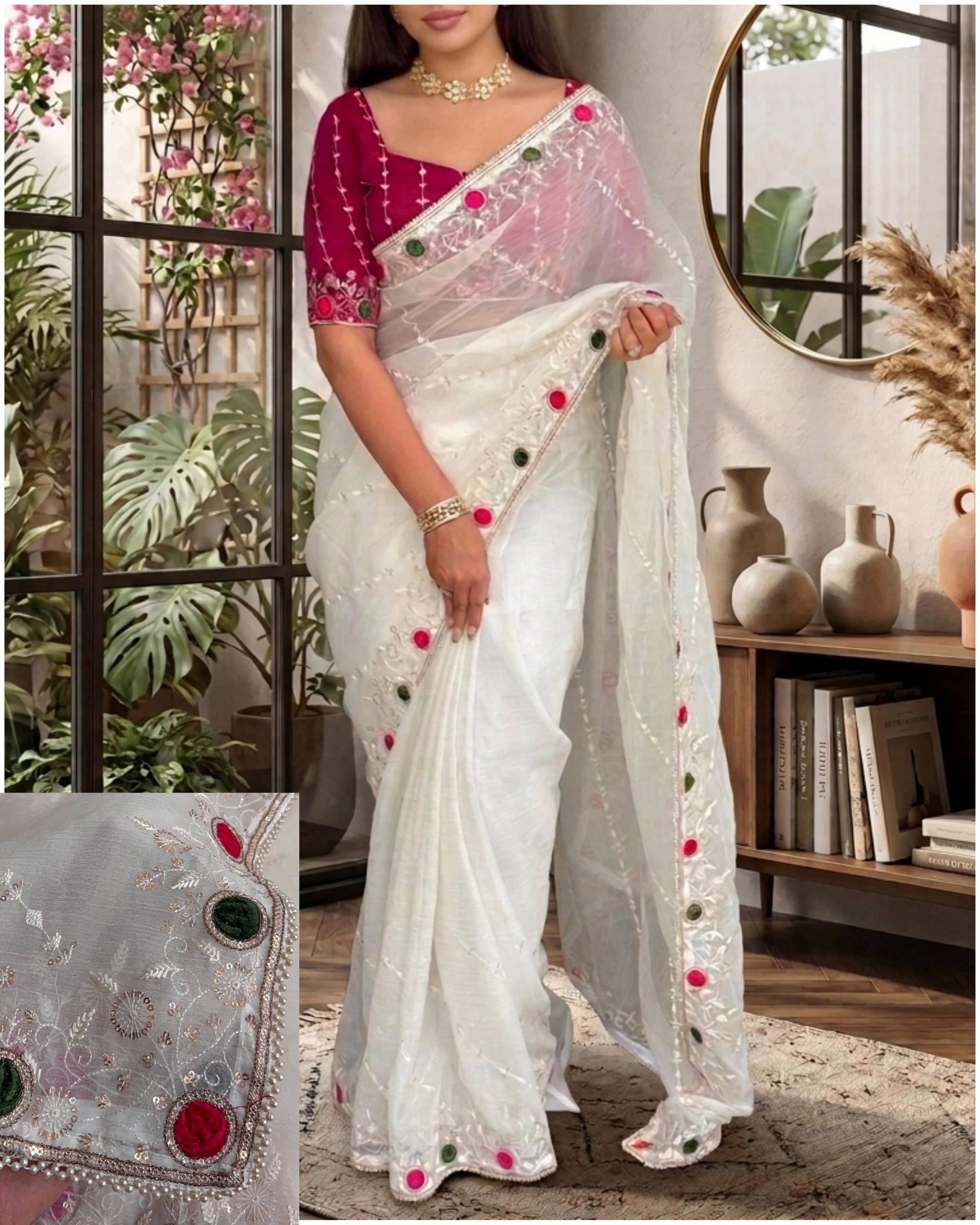 Ivory White Super Sonic Crush Saree with Velvet Cutwork, Zari, Sequins & Pearl Lace Border