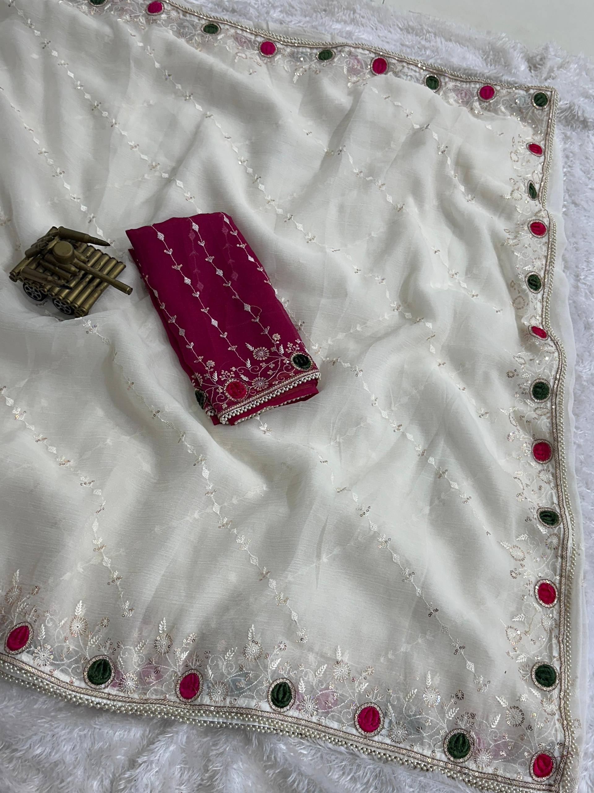 Ivory White Super Sonic Crush Saree with Velvet Cutwork, Zari, Sequins & Pearl Lace Border