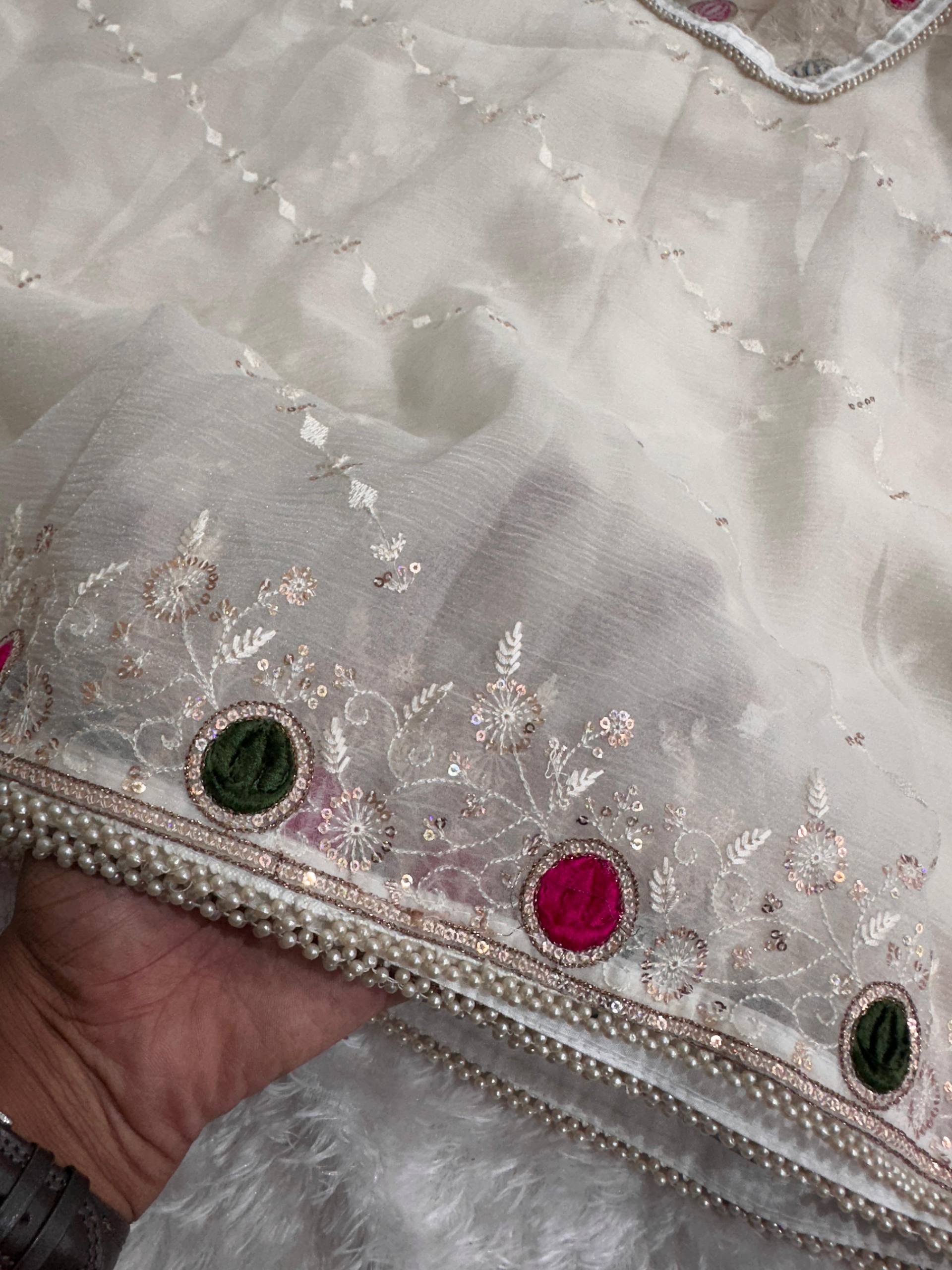Ivory White Super Sonic Crush Saree with Velvet Cutwork, Zari, Sequins & Pearl Lace Border