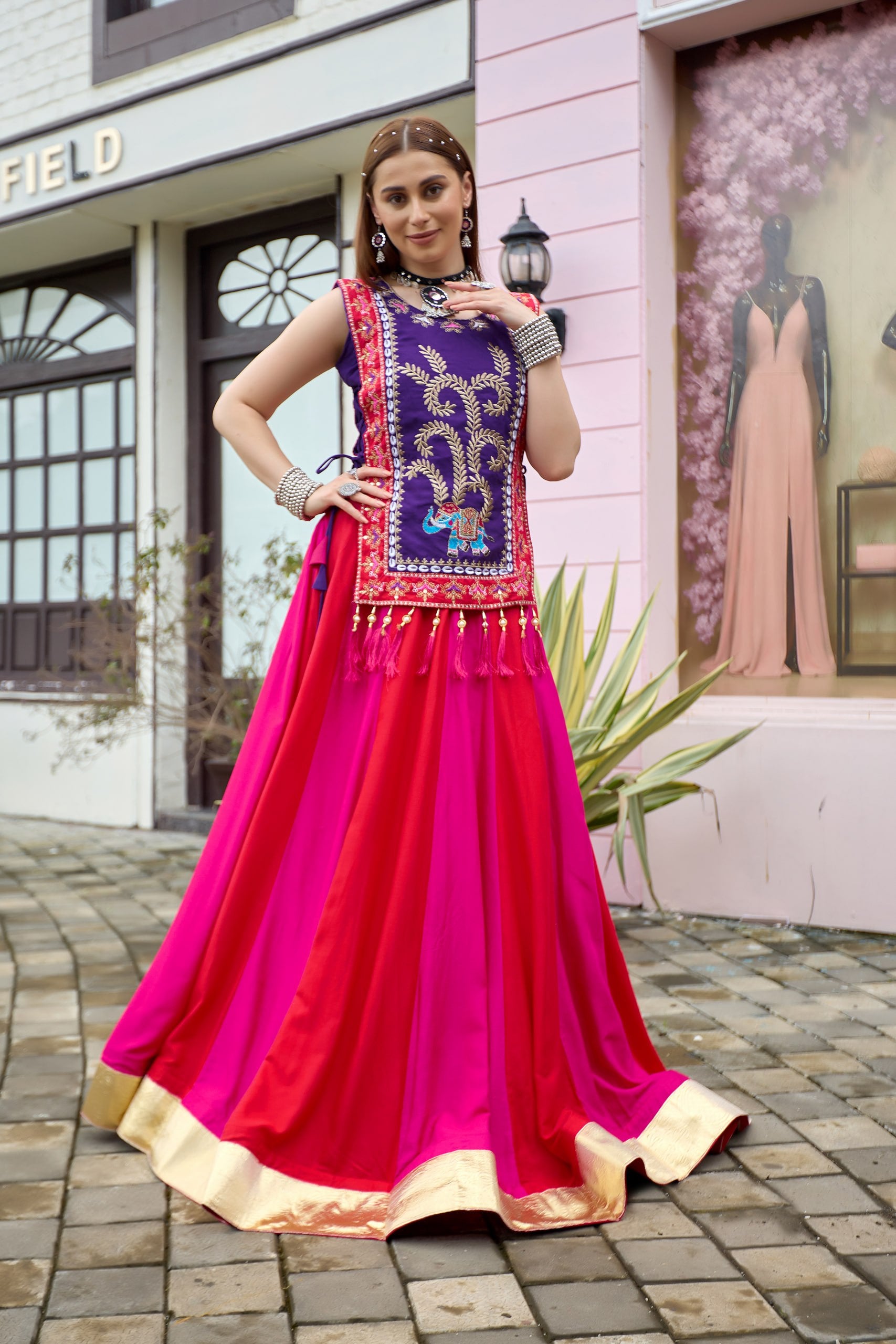 Royal Purple & Rani Pink Pure Cotton Lehenga Choli with Embroidered Shrug