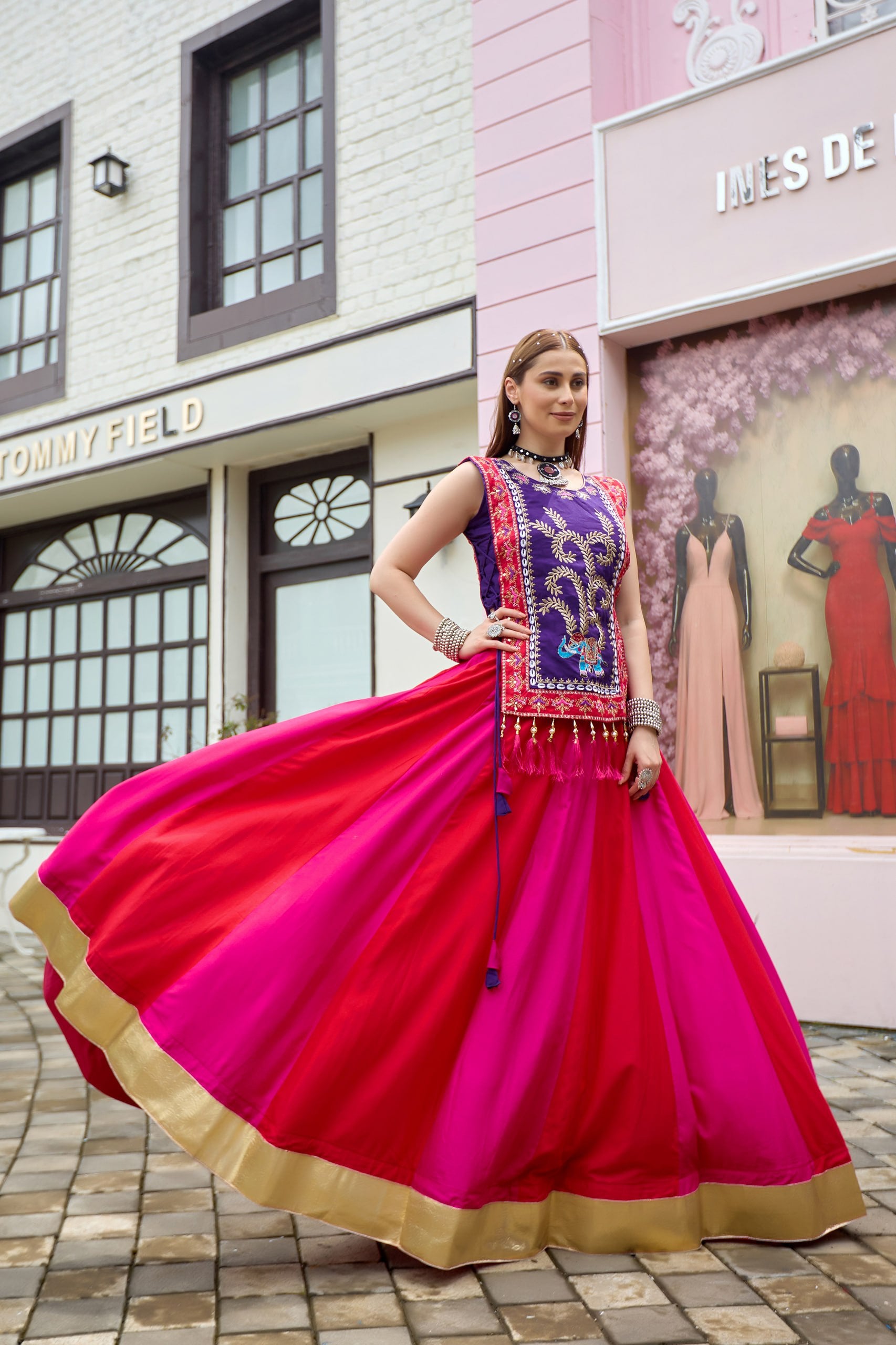 Royal Purple & Rani Pink Pure Cotton Lehenga Choli with Embroidered Shrug